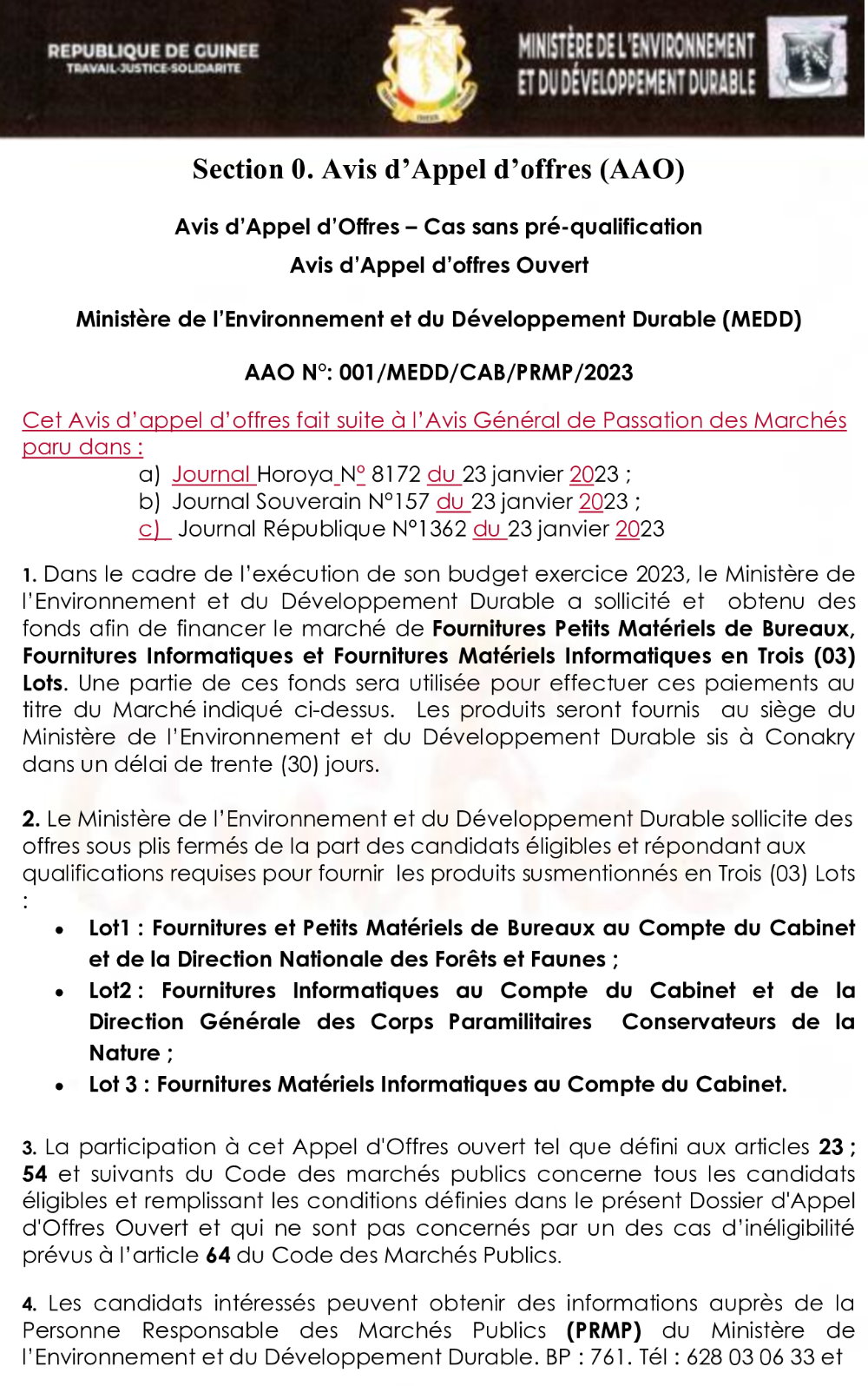 Fournitures Petits Matériels de Bureaux, Fournitures Informatiques et Fournitures Matériels Informatiques en Trois (03) Lots | Page 1