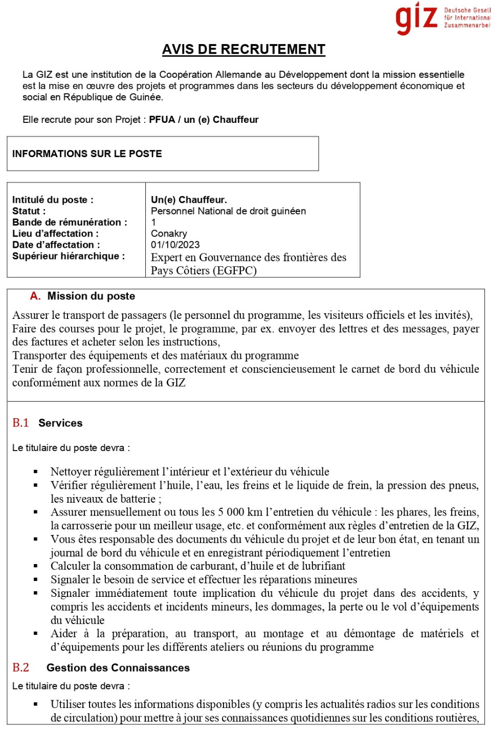 Avis de recrutement d'Un(e) Chauffeur | page 1