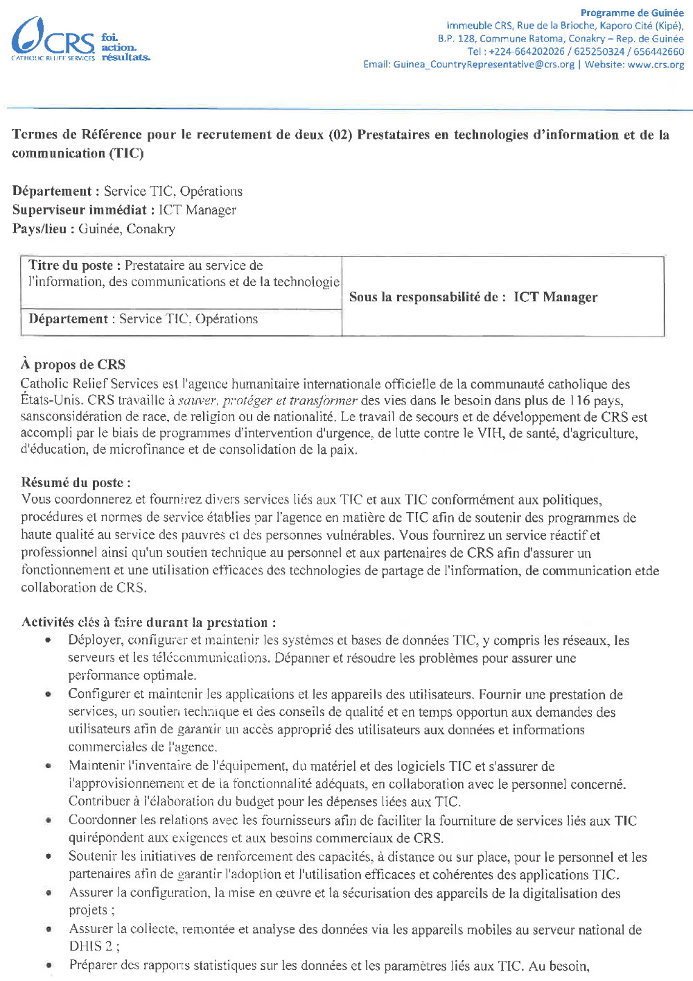 Avis de recrutement de deux (2) Prestataires en technologies d’information et de la communication (TIC)  page 1