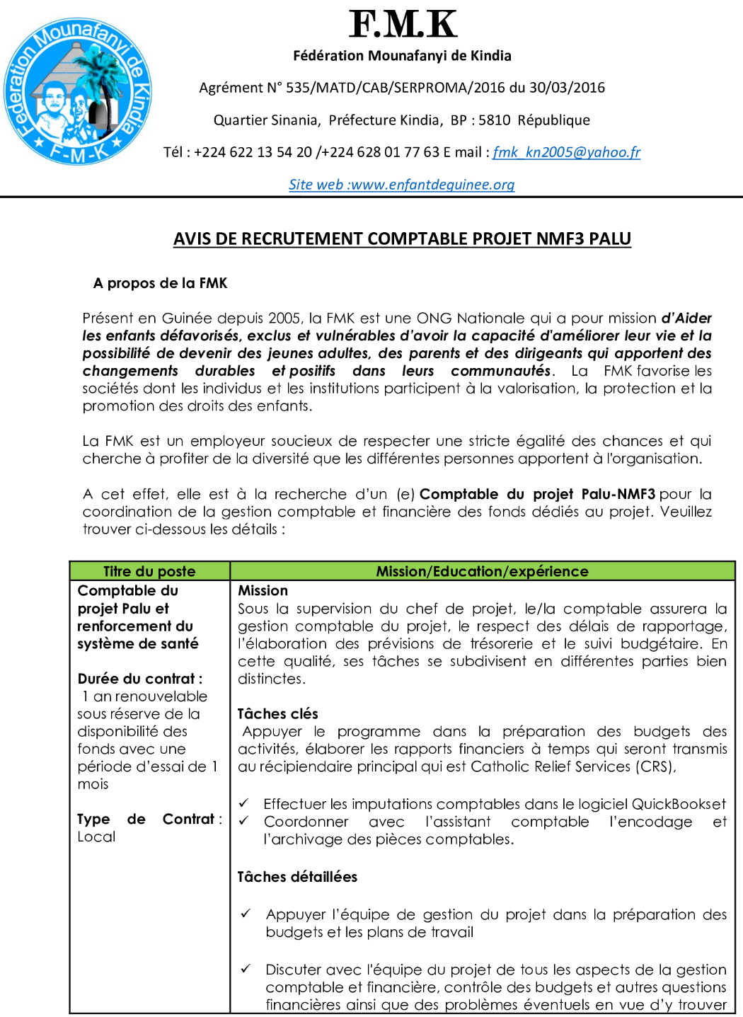 AVIS DE RECRUTEMENT COMPTABLE PROJET NMF3 PALU | page 1