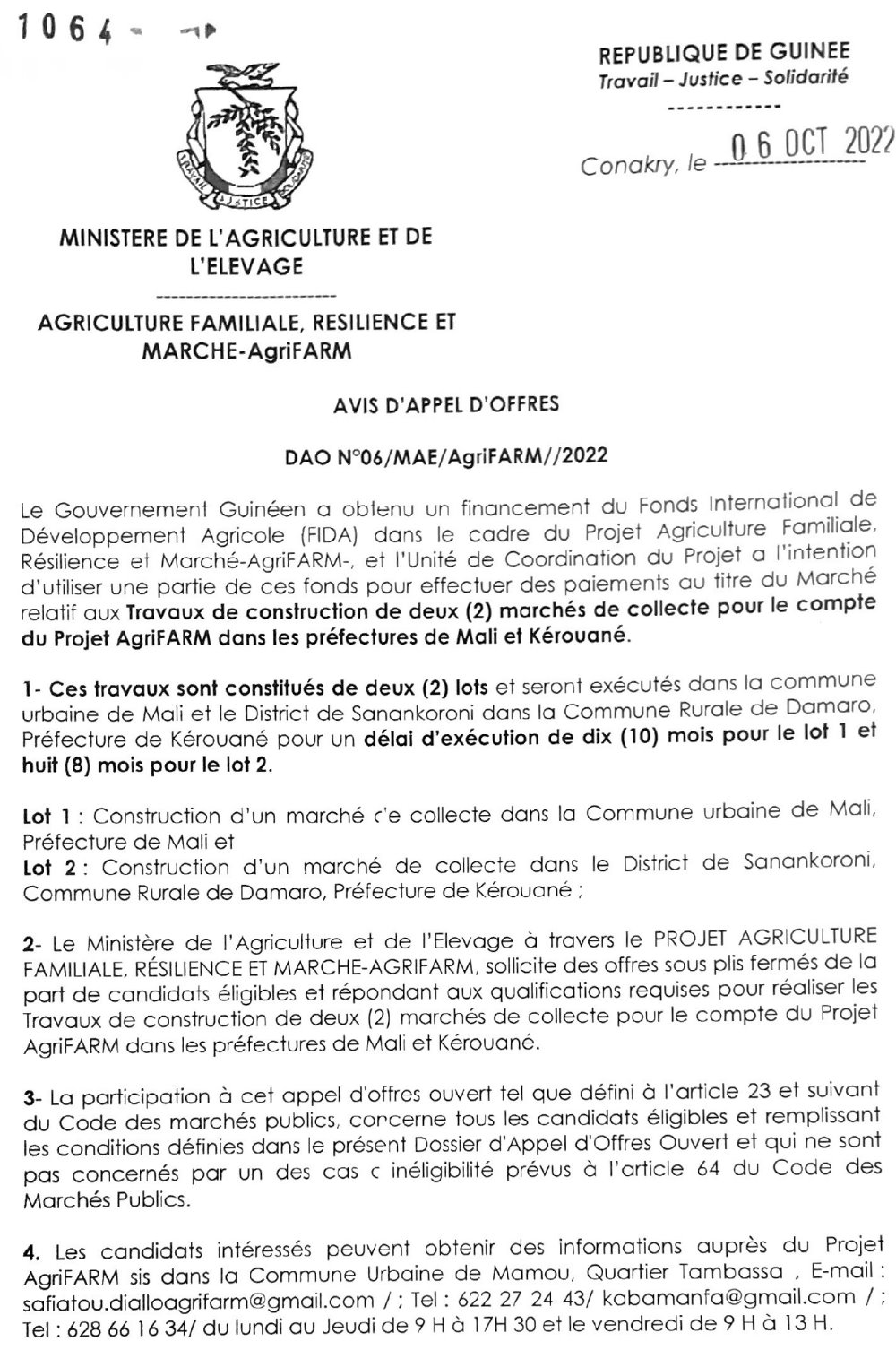 Avis d'appel d'offres pour le Marché relatif aux Travaux de construction de deux (2) marchés de collecte pour le compte du Projet AgriFARM dans les préfectures de Mali et Kérouané | page1