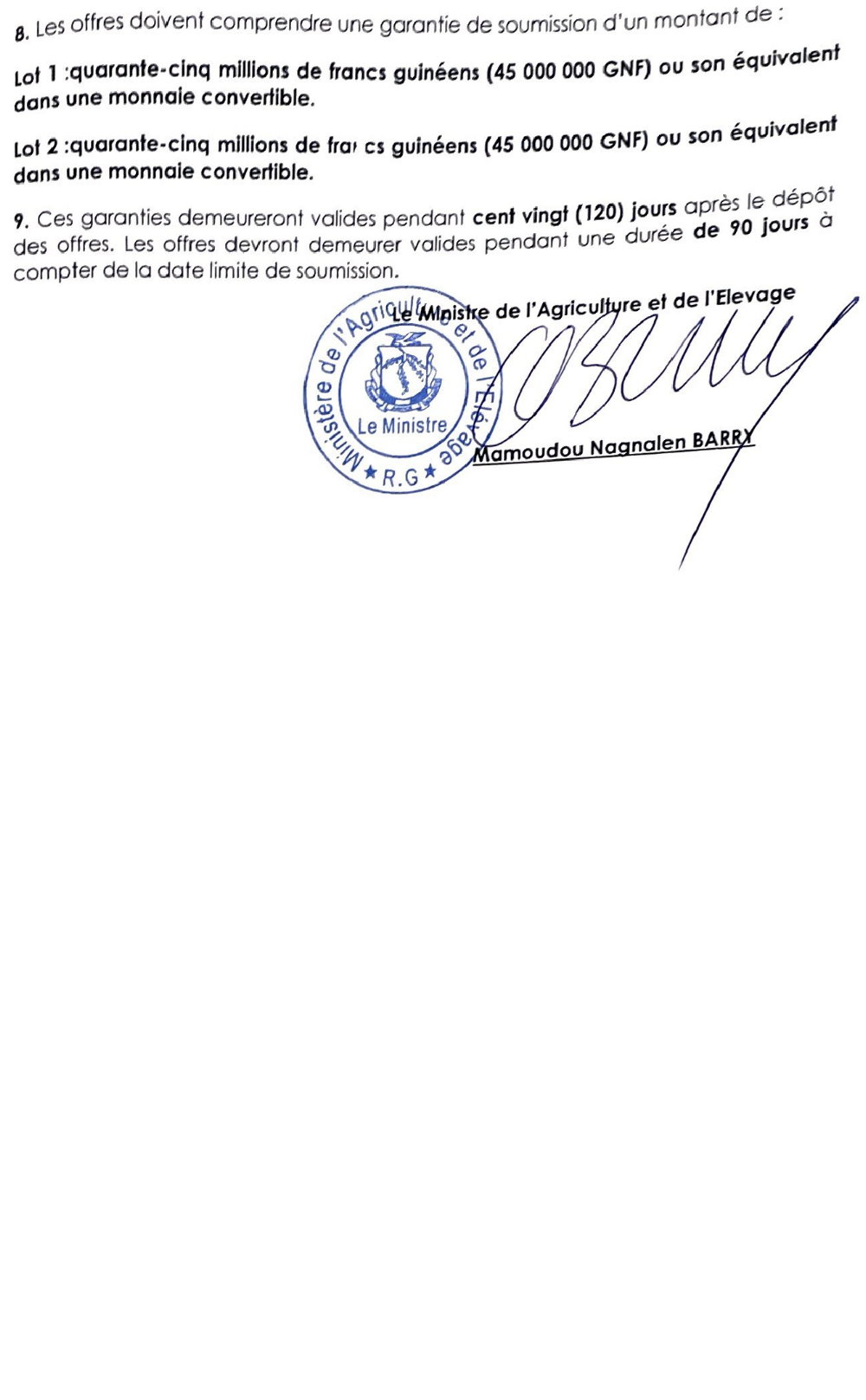 Avis d'appel d'offres pour le Marché relatif aux Travaux de construction de deux (2) marchés de collecte pour le compte du Projet AgriFARM dans les préfectures de Mali et Kérouané | page1