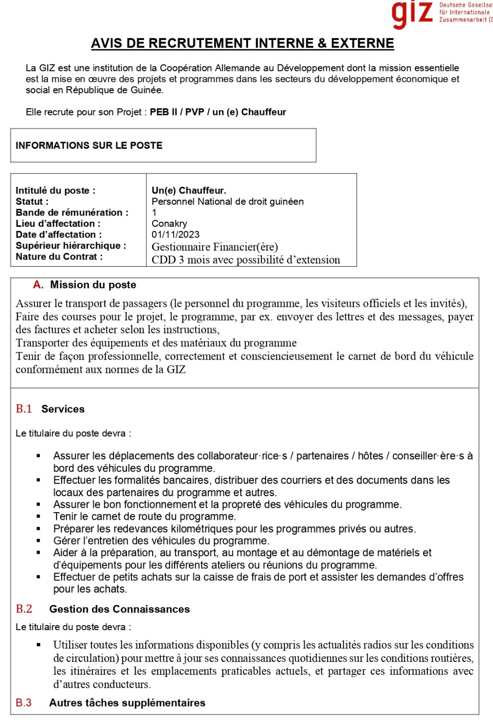 Avis de recrutement d'un(e) Chauffeur | Page 1