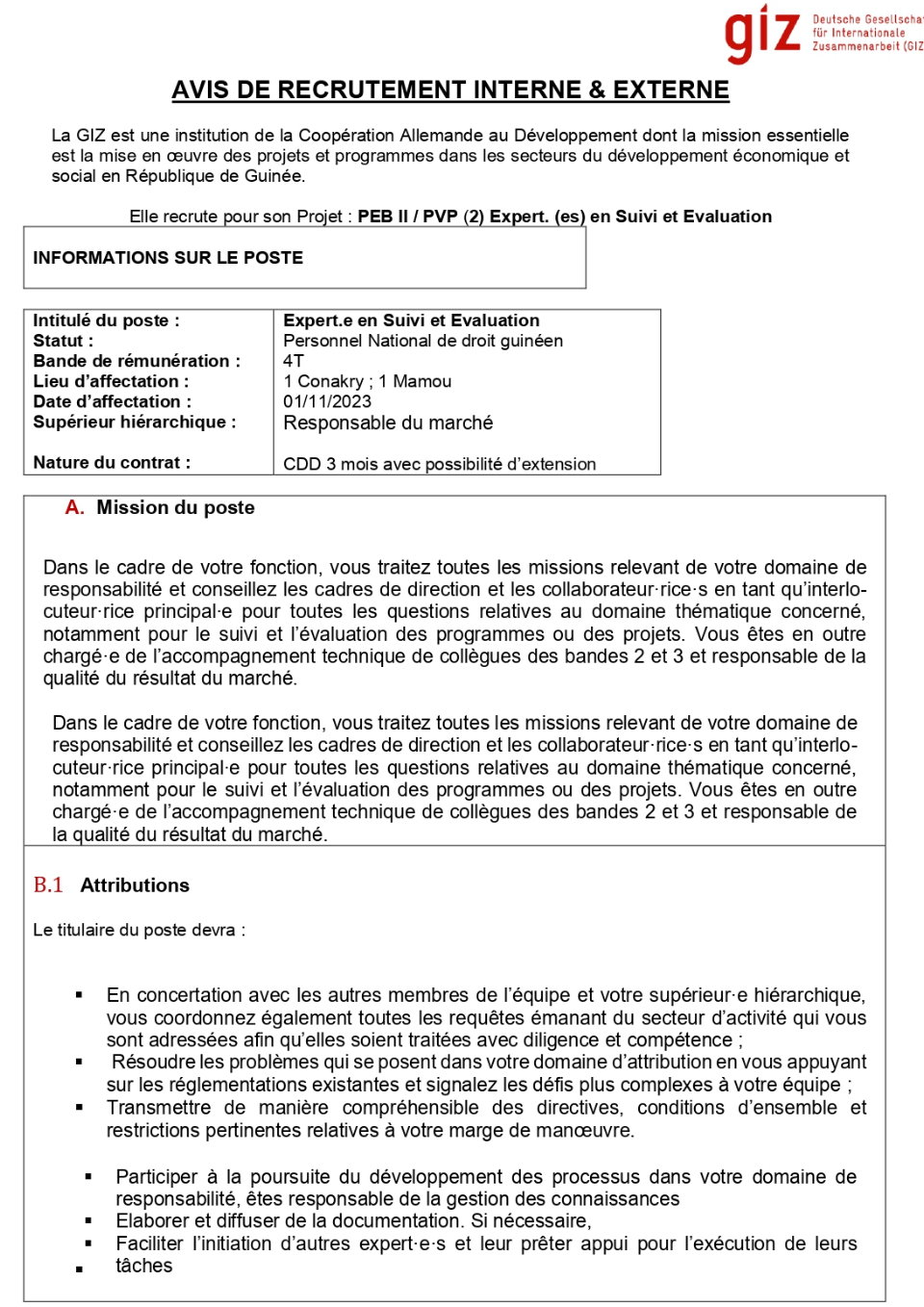 Avis de recrutement d'un(e) Expert.e en Suivi et Evaluation | Page 1