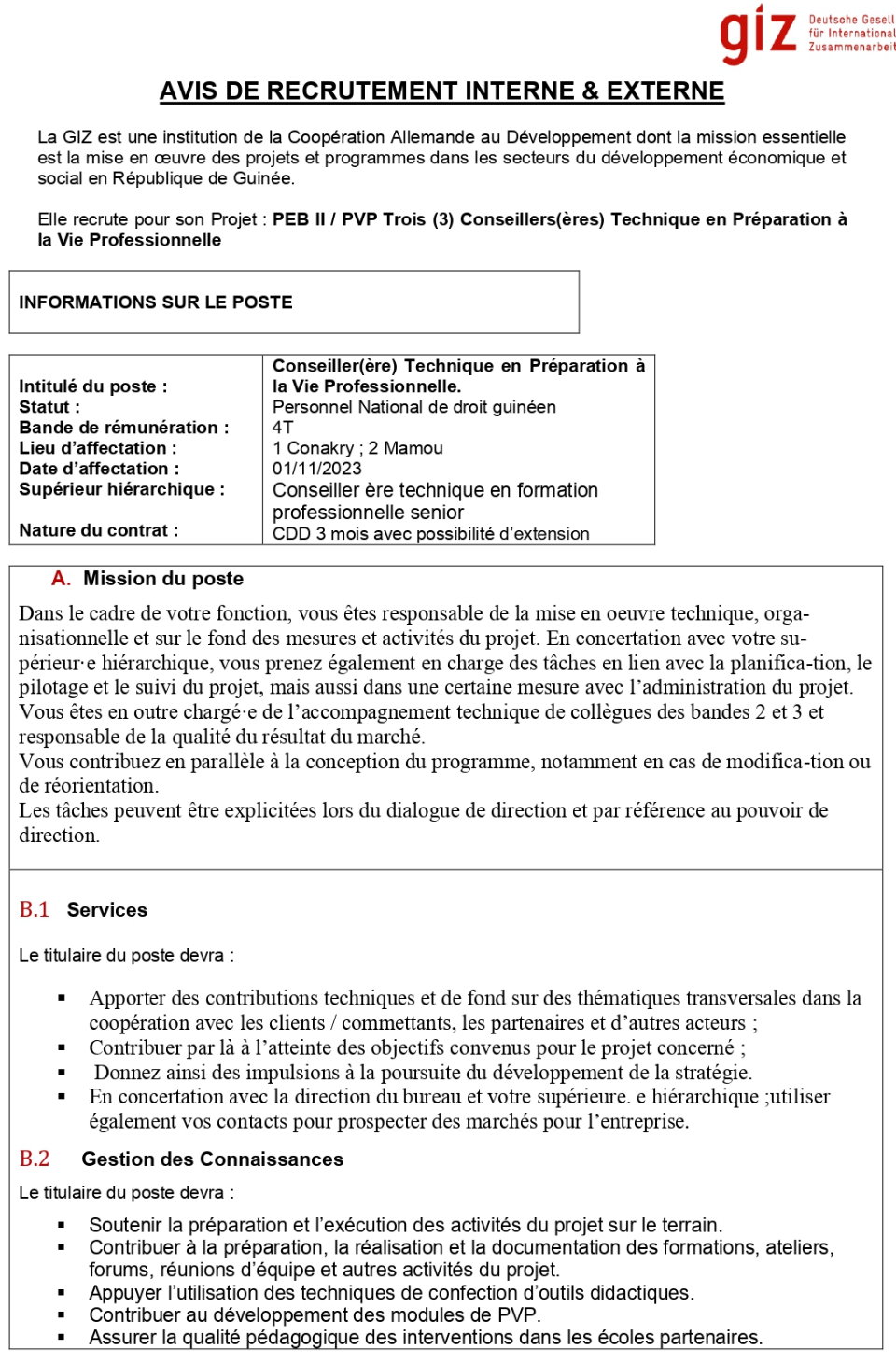 Avis de recrutement d'un(e) Conseiller(ère) Technique en Préparation à la Vie Professionnelle | Page 1