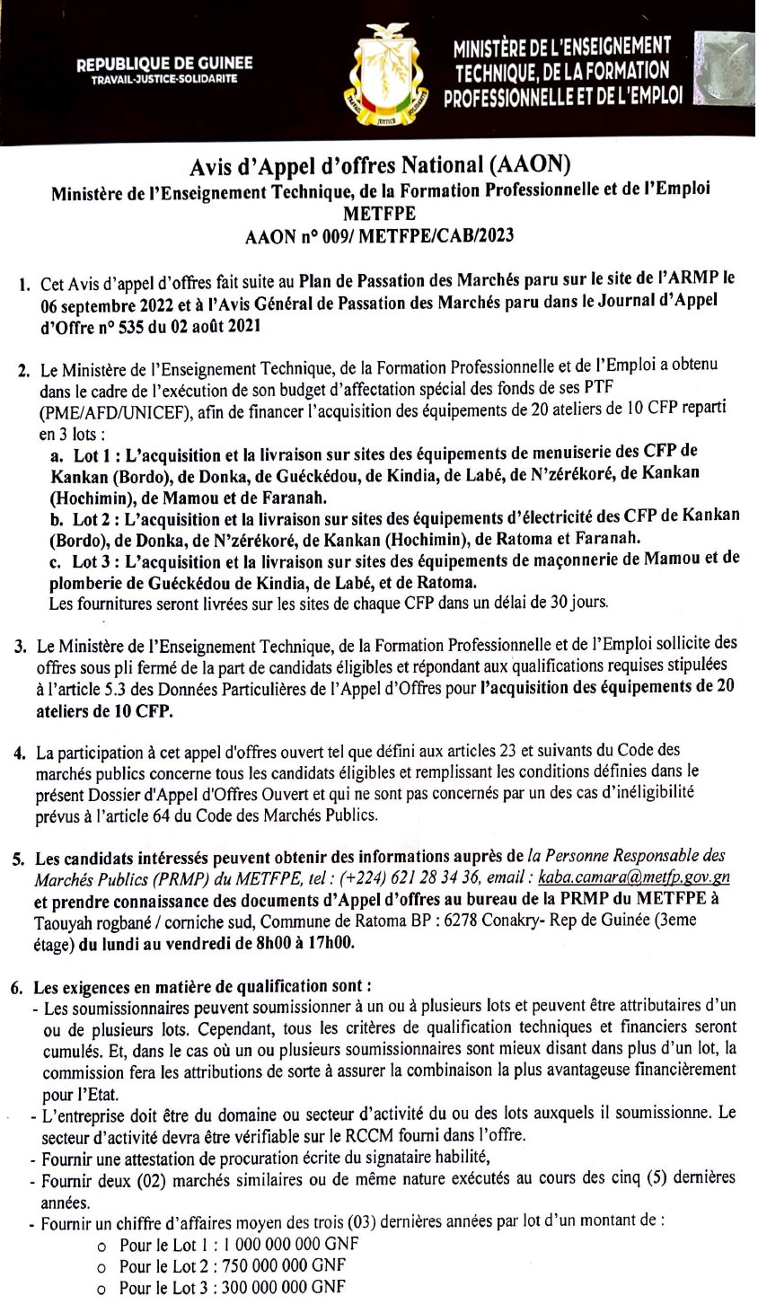 Avis d'Appel d'offres National (AAON) pour l'acquisition des équipements de 20 ateliers de 10 CFP reparti en 3 lots | Page 1