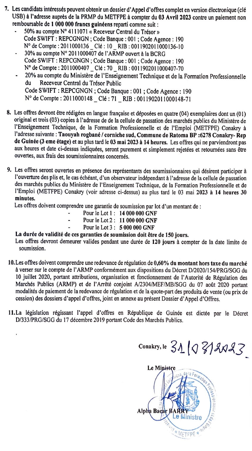 Avis d'Appel d'offres National (AAON) pour l'acquisition des équipements de 20 ateliers de 10 CFP reparti en 3 lots | Page 2