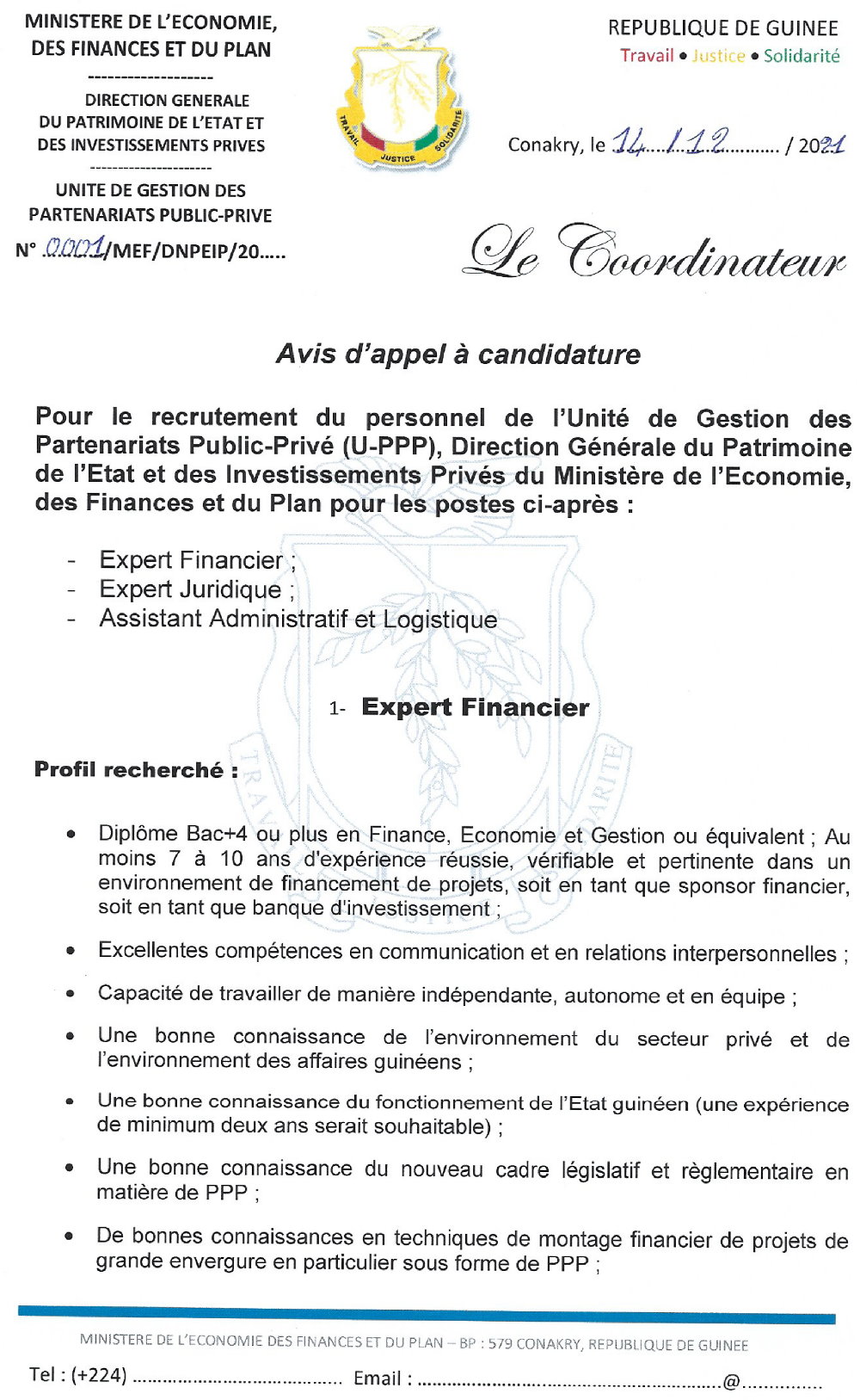Avis de recrutement du personnel de l'unité de Gestion des Partenariats Public-Privé (U-PPP) du 14 Décembre 2021 Page 1