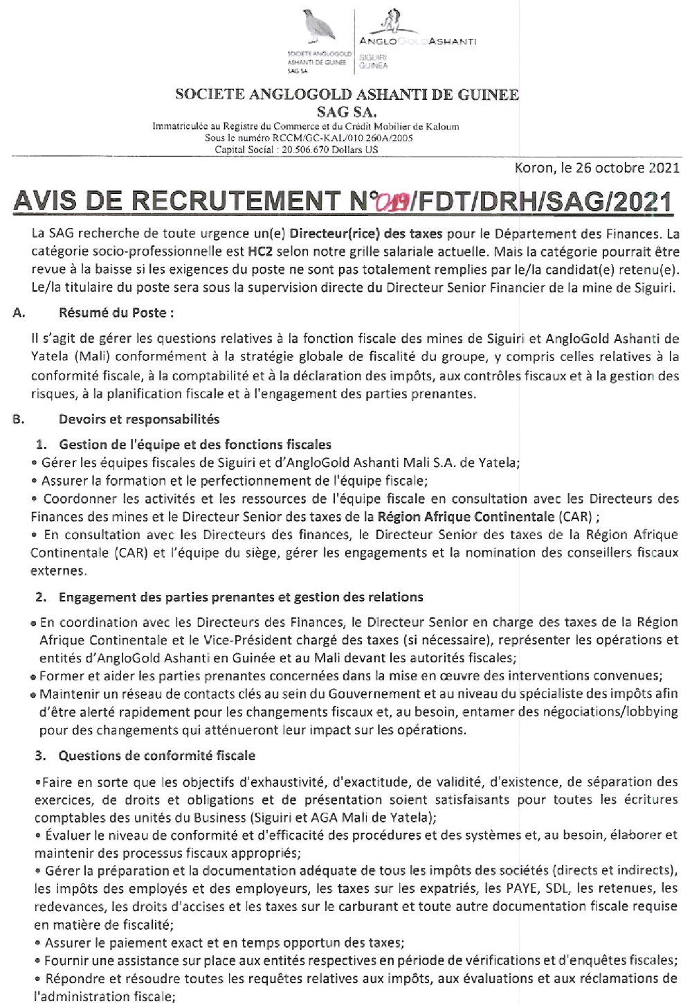 Avis de recrutement d'un directeur(rice) des taxes page 1