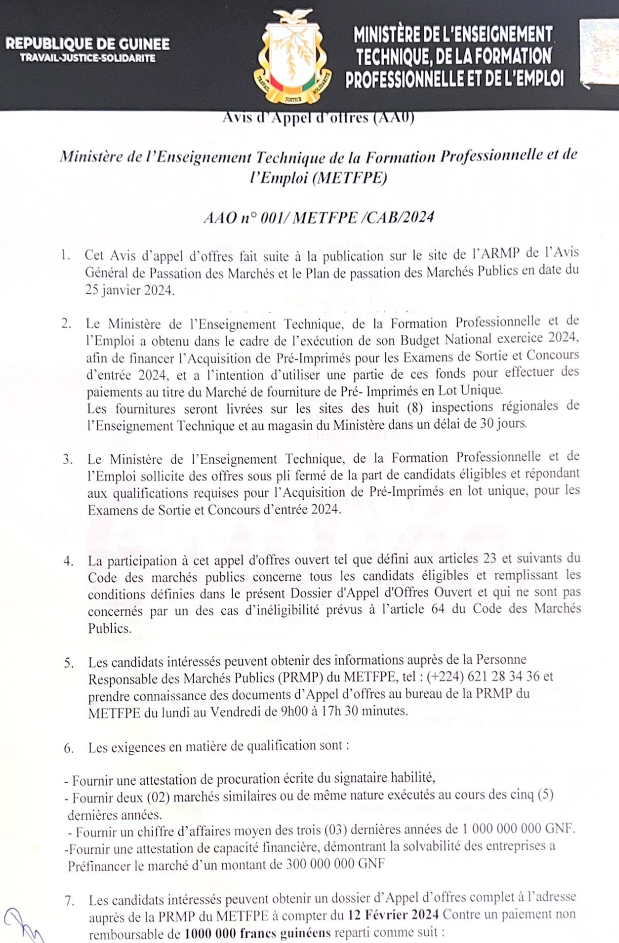 Avis d'appel d'offres pour le l'Acquisition de Pré-Imprimés pour les Examens de Sortie et Concours d'entrée 2024 | Page 1