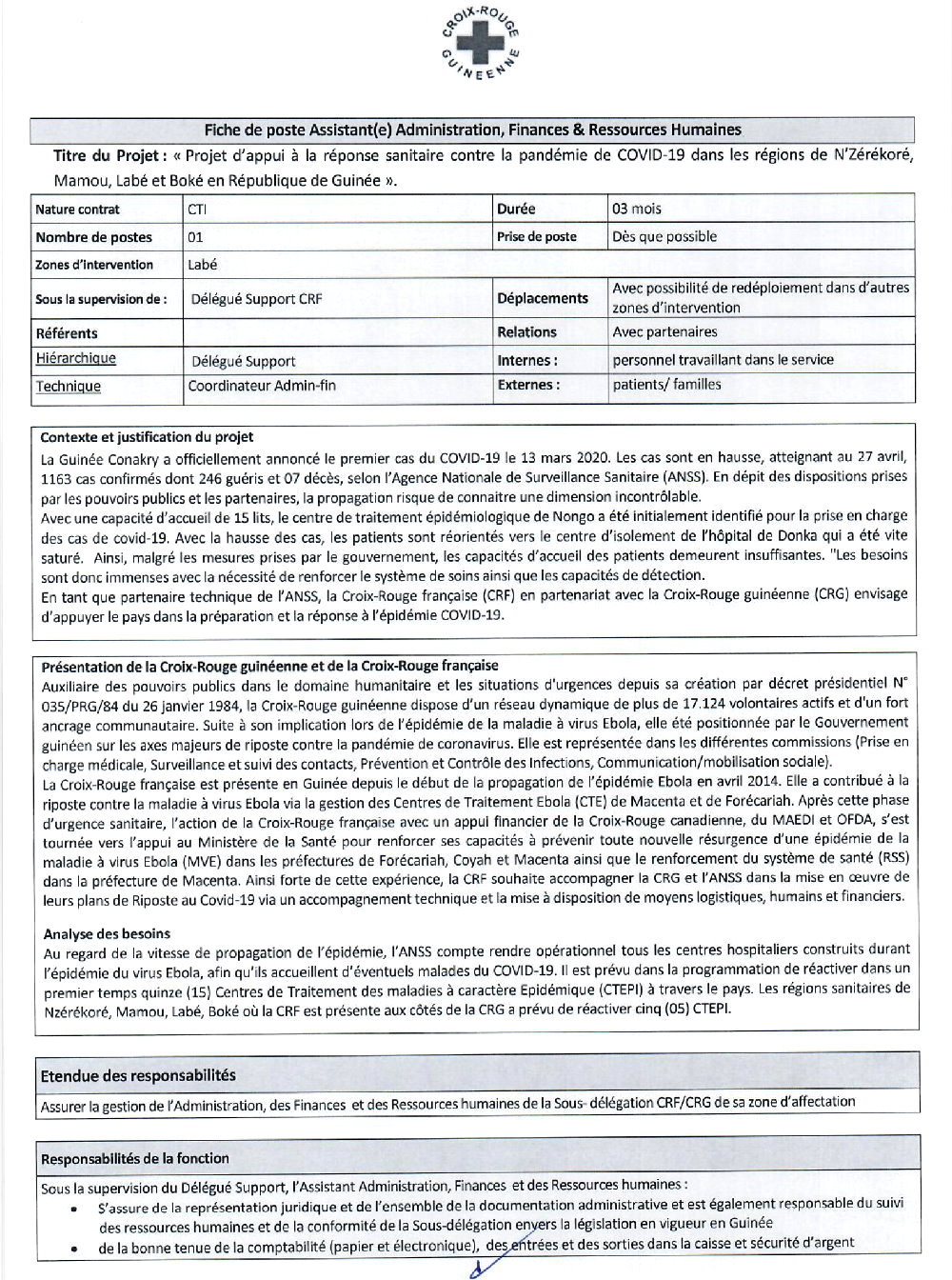 Offres d'emploi croix rouge en guinée, assistant administratif et financier p1
