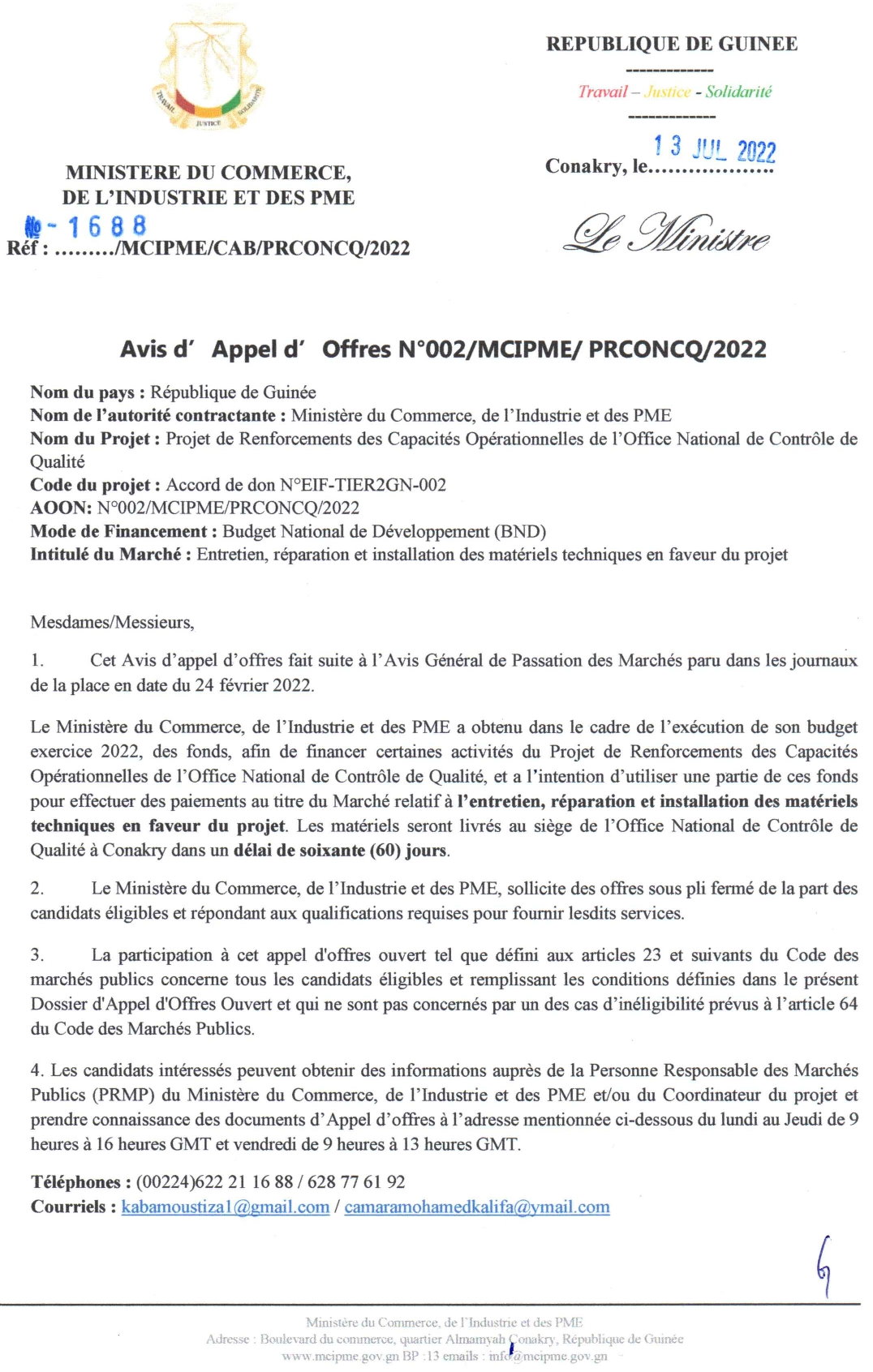 Avis d'appel d'offres pour l'Entretien, réparation et installation des matériels techniques en faveur du projet Appel d'Offres | page 1