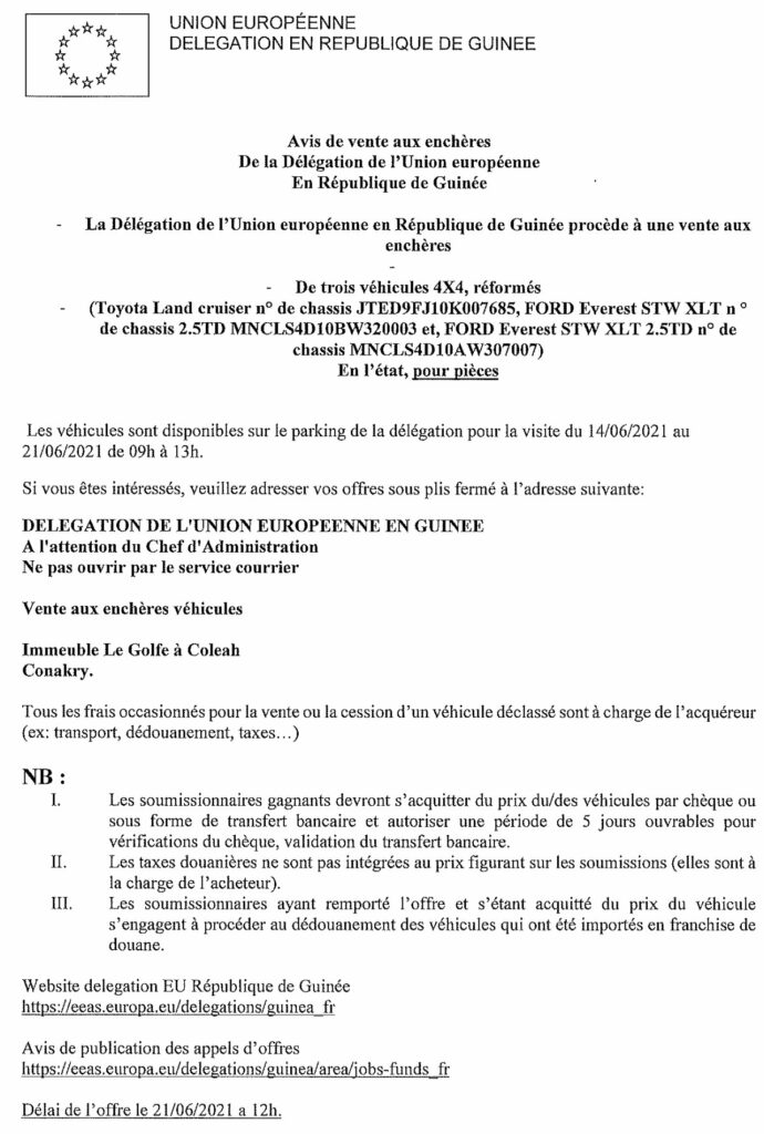 Avis de vente aux enchères - union européenne 