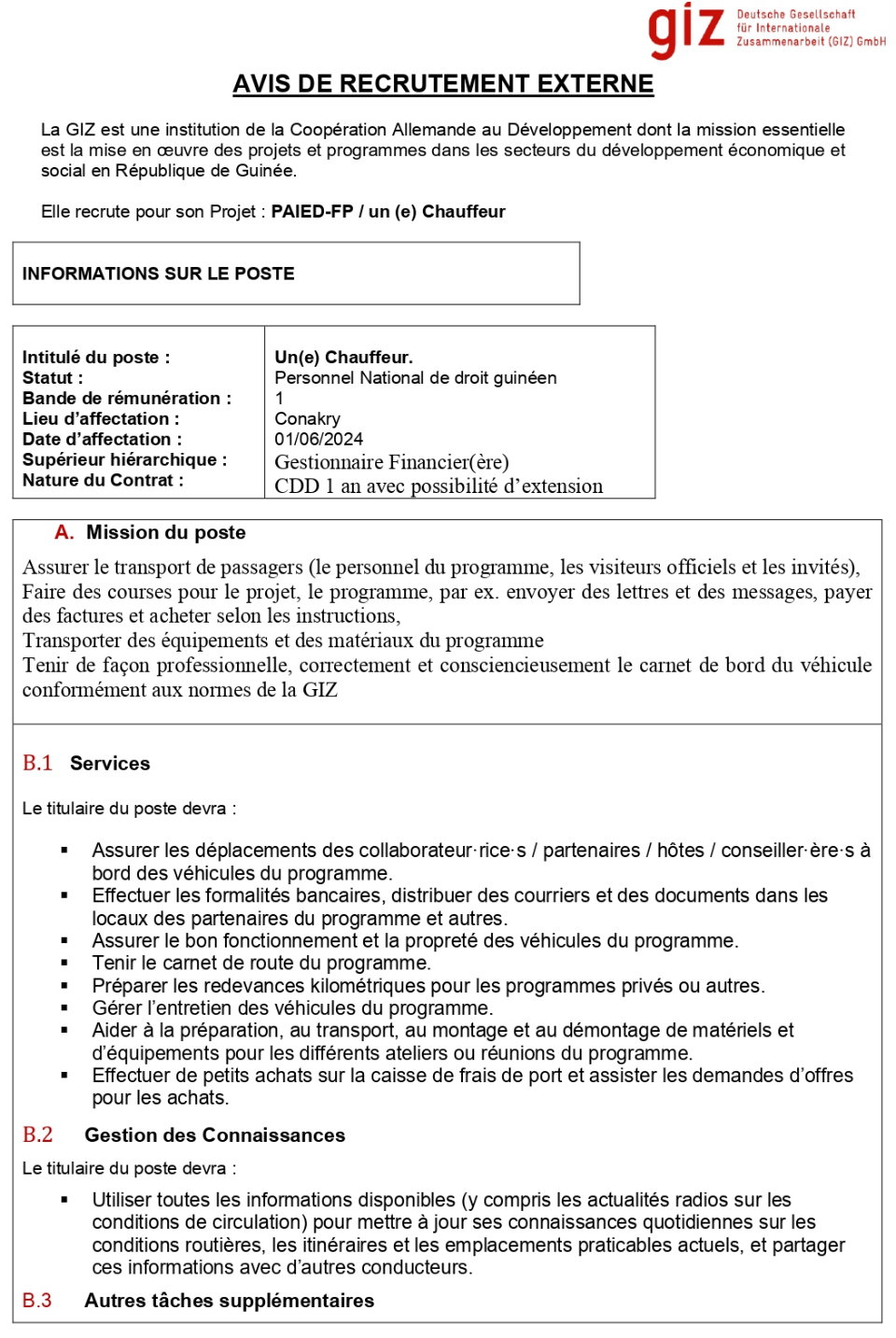 Recrutement D'un(e) Chauffeur | Page 1