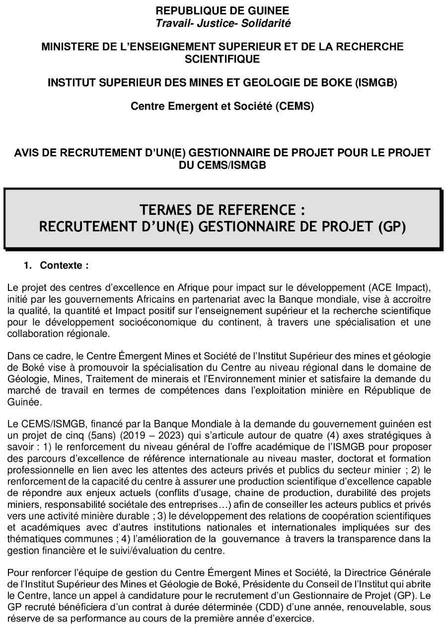 Offres d'emploi en guinée Conakry - ismgb gestionnaire de projet