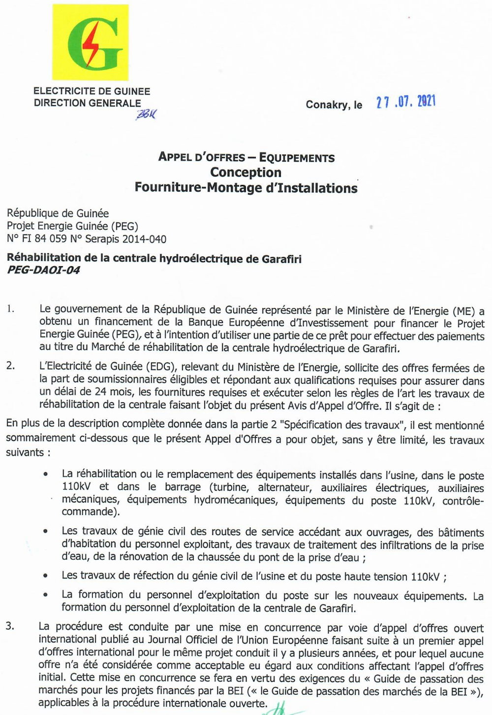 Avis d'appel d'offres pour le  Marché de réhabilitation de la centrale hydroélectrique de Garafiri p1