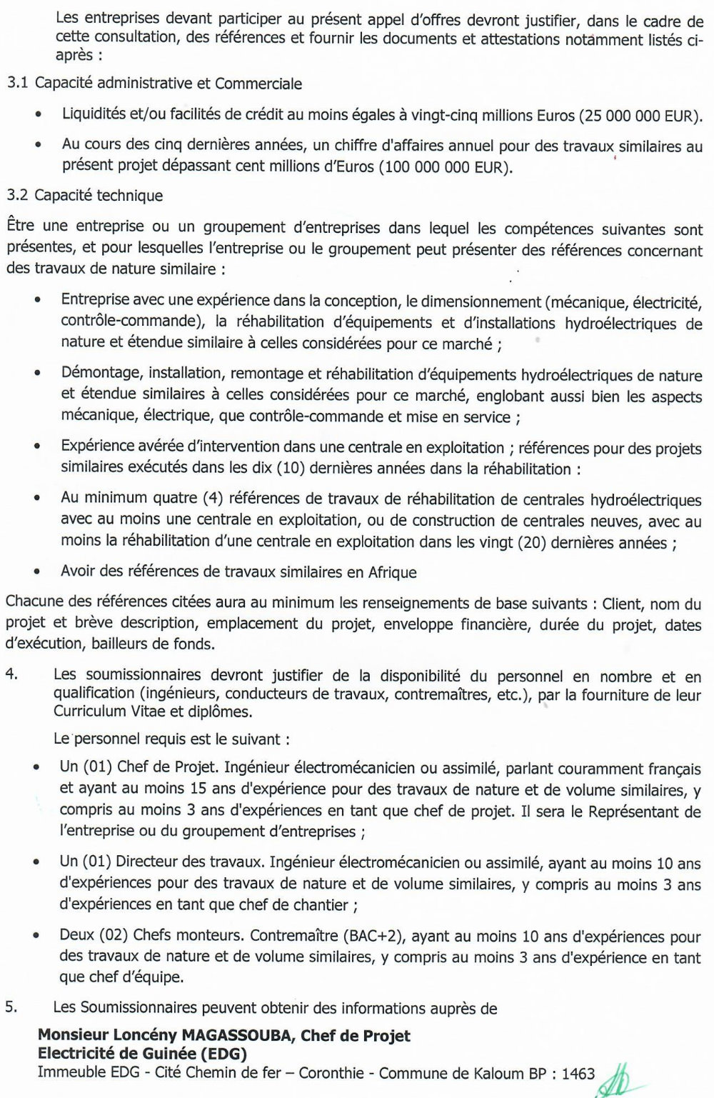 Avis d'appel d'offres pour le  Marché de réhabilitation de la centrale hydroélectrique de Garafiri p2