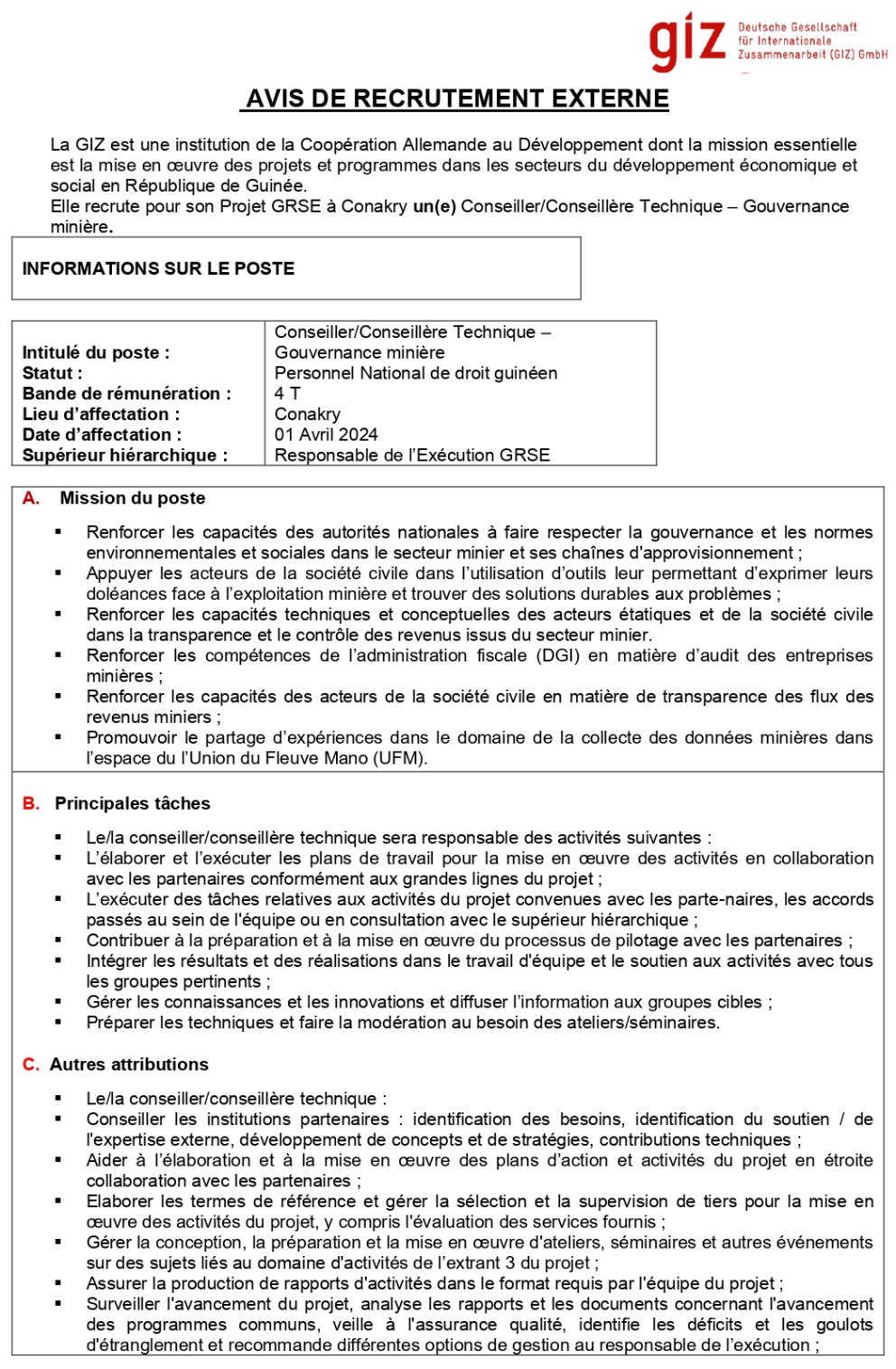 Avis de recrutement d'un Conseiller/Conseillère Technique – Gouvernance minière | Page 1