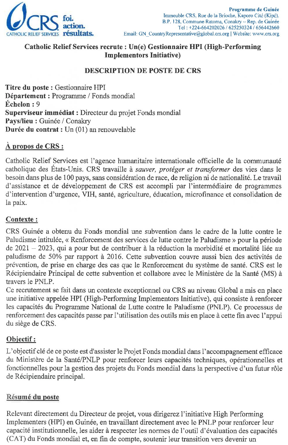 Avis de recrutement d’un(e) Gestionnaire HPI (High- Performing Implementors Initiative) Page-1