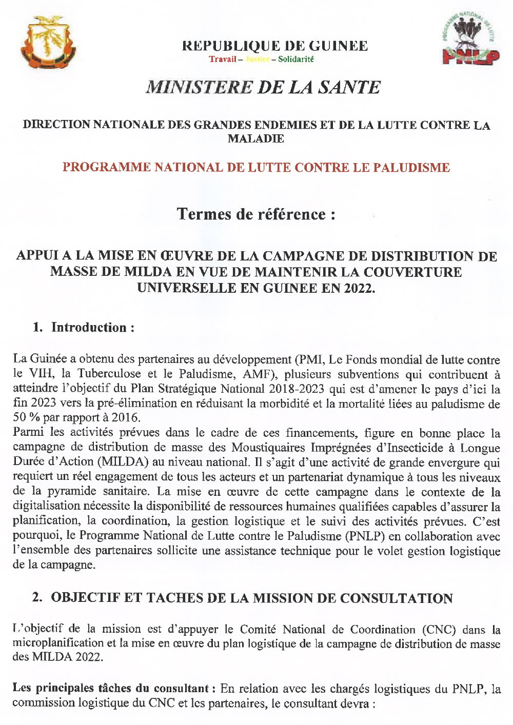 Appel à candidature pour le recrutement d’un consultant national logistique pour la campagne de distribution des MILDA 2022 page 1