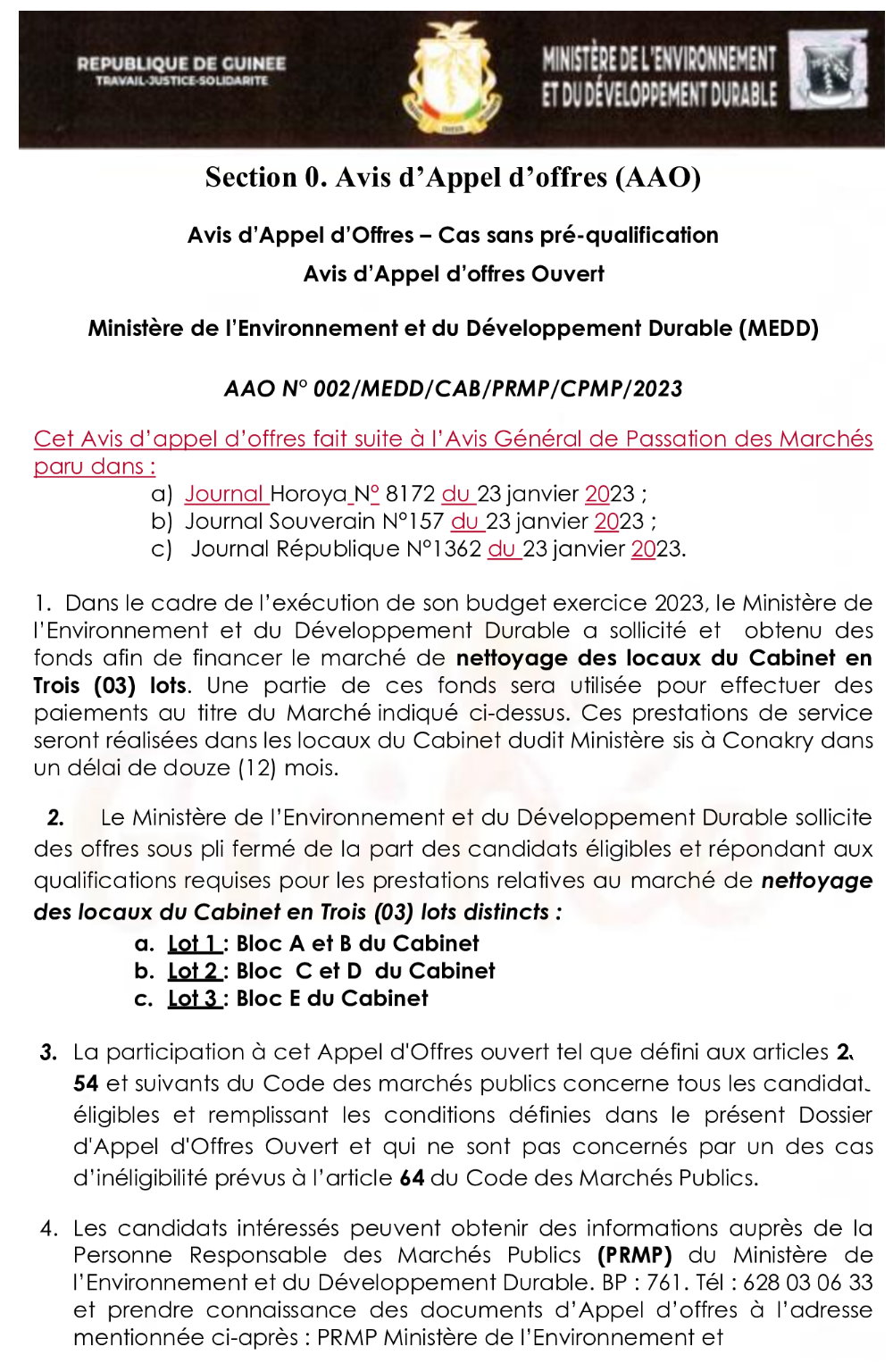 marché de nettoyage des locaux du Cabinet en Trois (03) lots | page 1