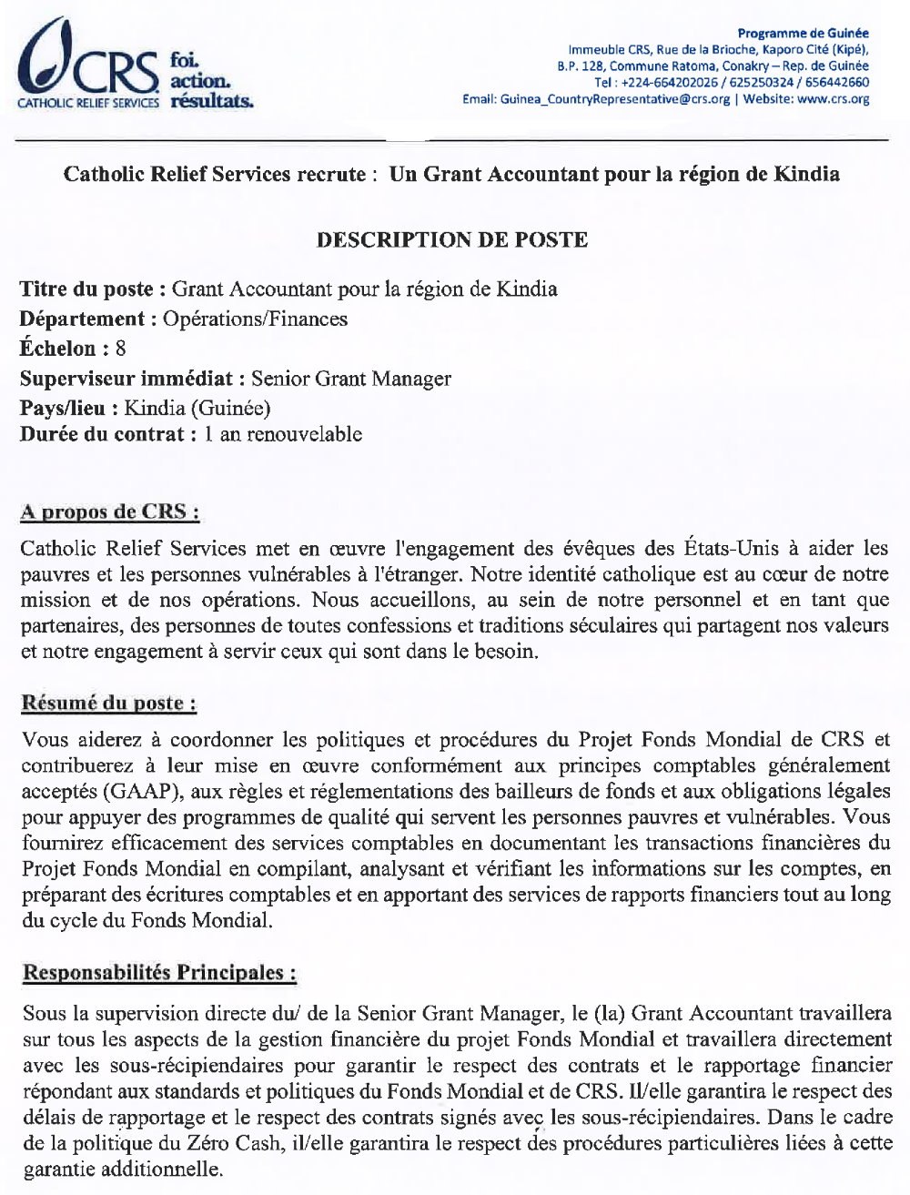 Avis de recrutement d’un Grant Accountant pour la région de Kindia p1