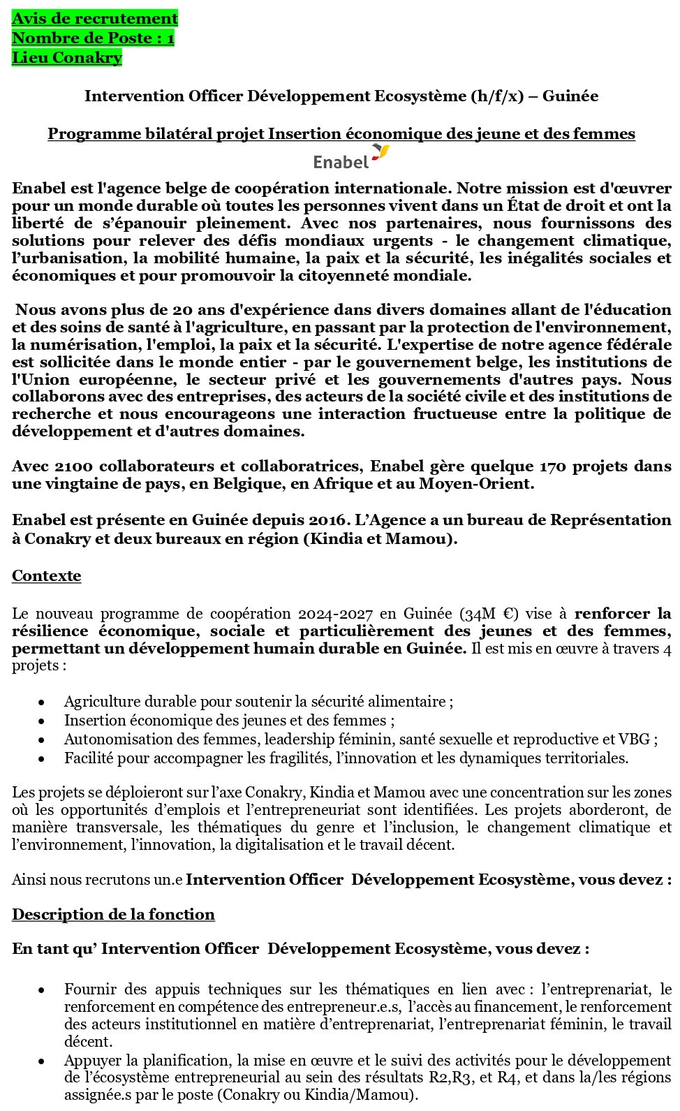 Avis de recrutement d'un Intervention Officer Développement Ecosystème (h/f/x) – Guinée | Page 1