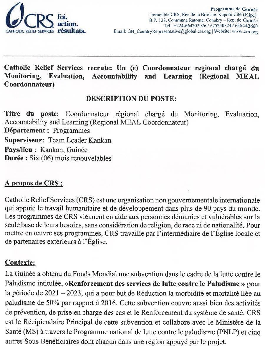 Recrutement en Guinée Conakry d'un Coordonateur Régional - MEAL