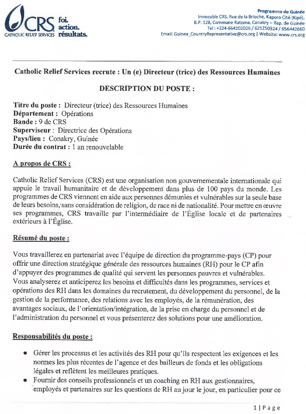Appel à candidature pour le recrutement d’un(e) Directeur (trice) des Ressources Humaines page1