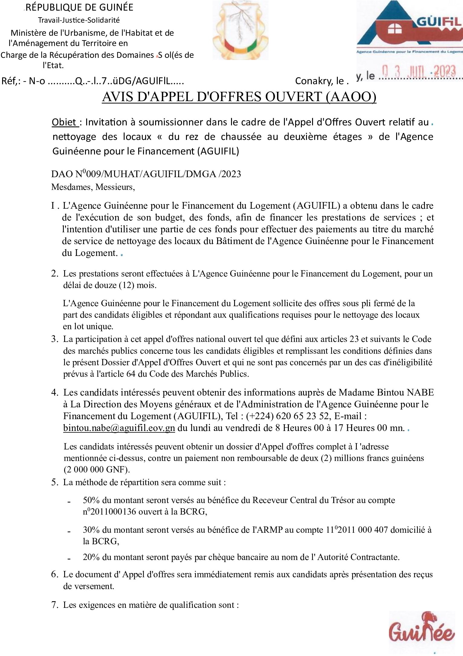  Invitation à soumissionner dans le cadre de l'Appel d'Offres Ouvert relatif au nettoyage des locaux « du rez de chaussée au deuxième étages » de l'Agence Guinéenne pour le Financement (AGUIFIL) | Page 1