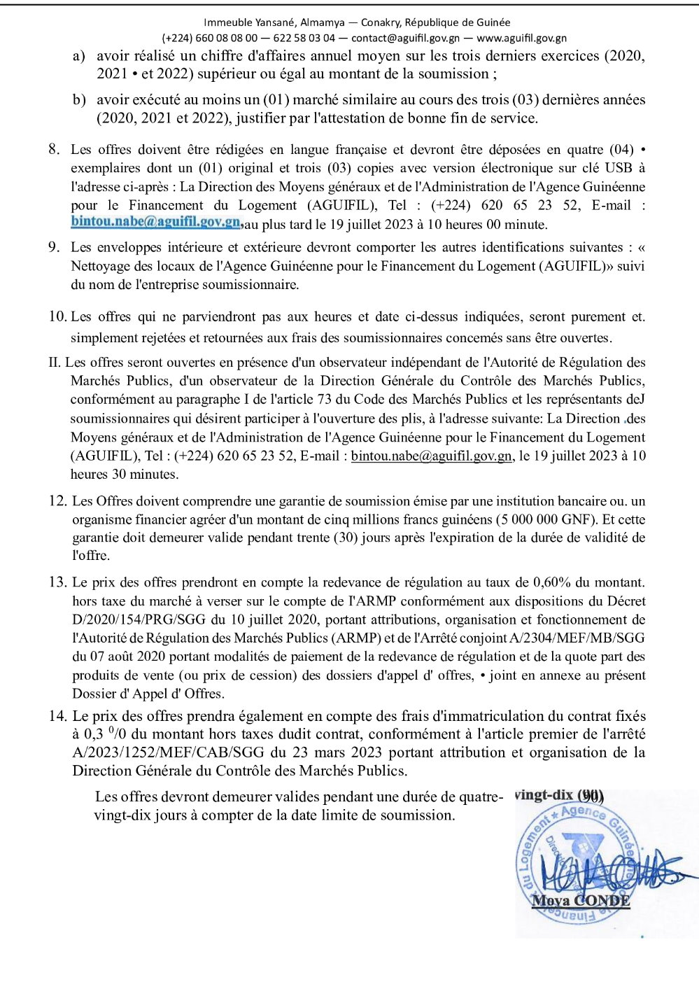  Invitation à soumissionner dans le cadre de l'Appel d'Offres Ouvert relatif au nettoyage des locaux « du rez de chaussée au deuxième étages » de l'Agence Guinéenne pour le Financement (AGUIFIL) | Page 1