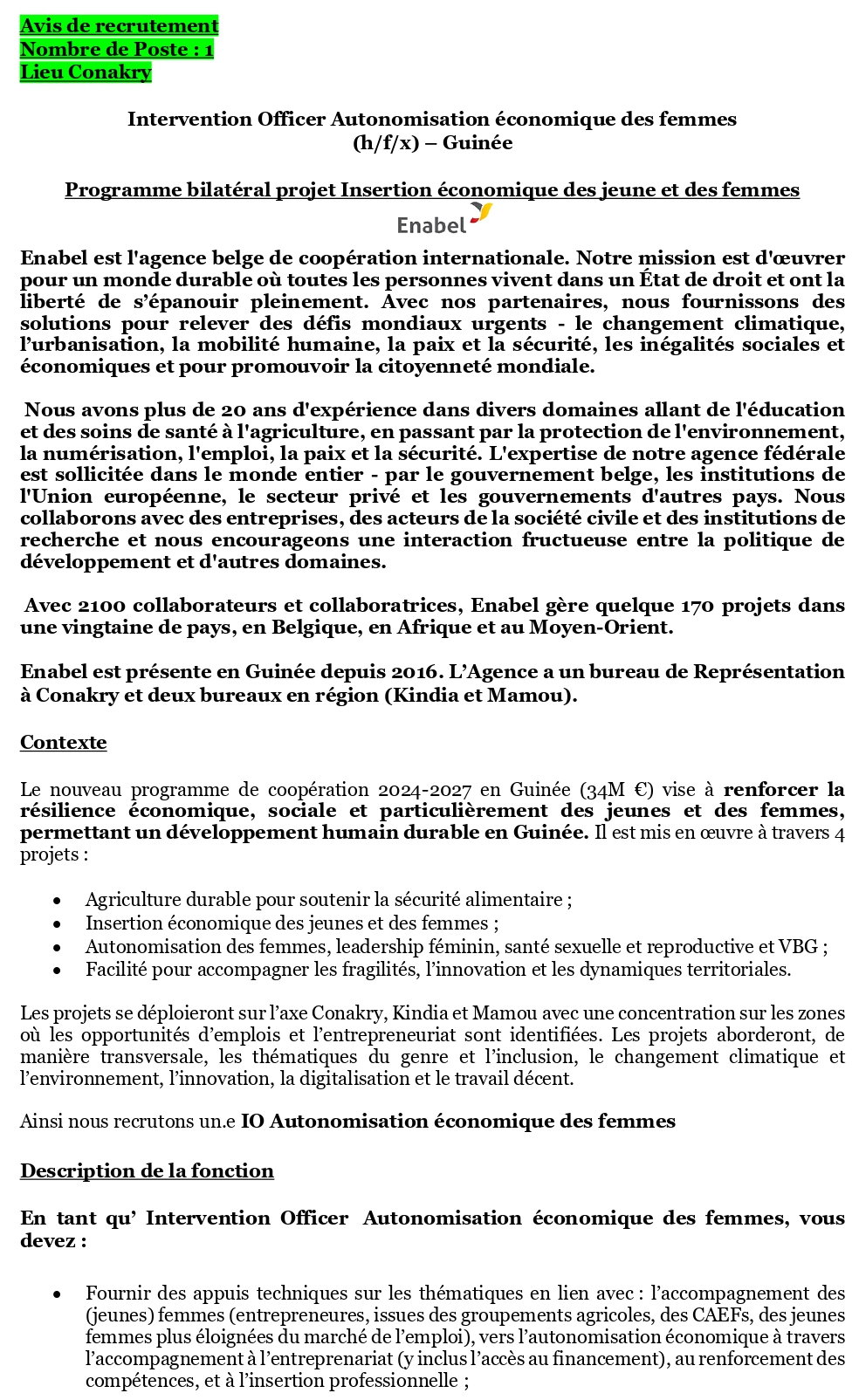Avis de recrutement d'un Intervention Officer Autonomisation économique des femmes (h/f/x) – Guinée | Page 1