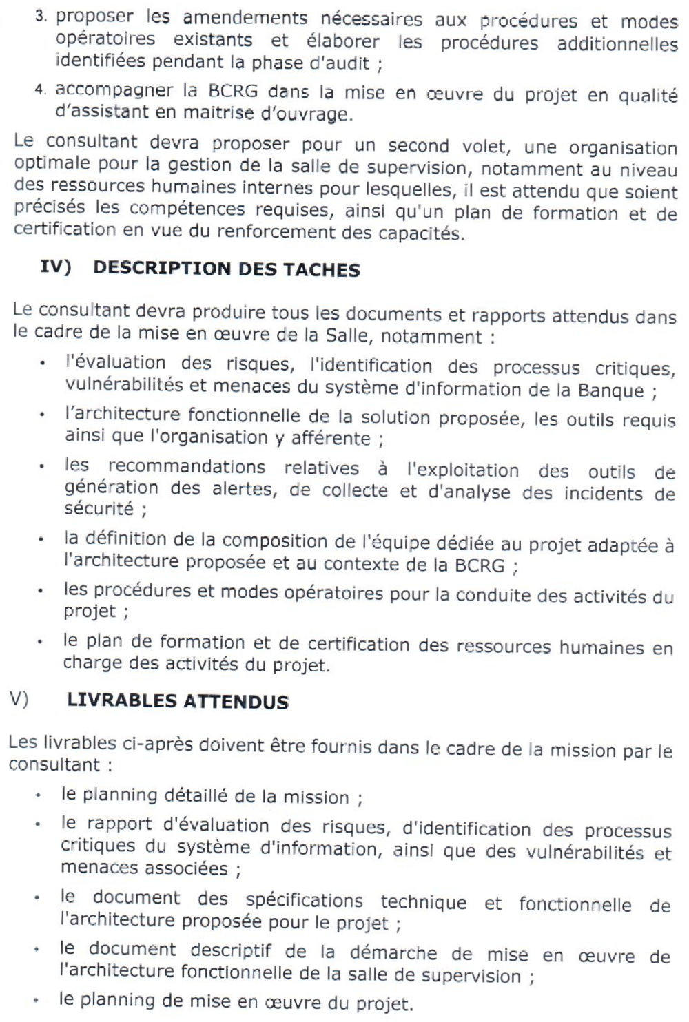 TERMES DE REFERENCE POUR LA SELECTION D'UN CONSULTANT CHARGE D'ACCOMPAGNER LA BCRG DANS LA MISE EN PLACE D'UNE SALLE DE SUPERVISION DU SYSTEME D'INFORMATION | Page 3