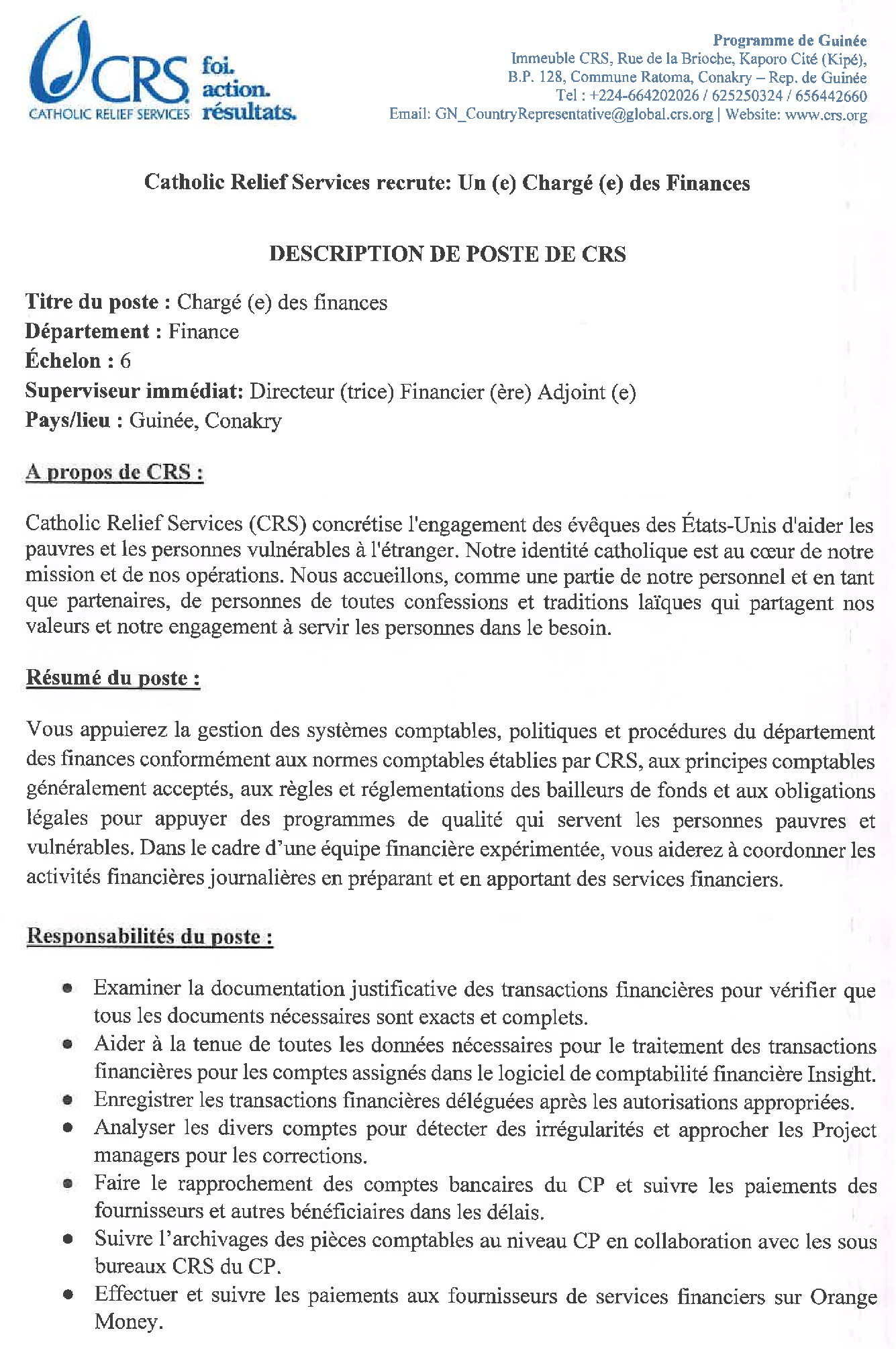 JD recrutement de chargé (e) des finances pour CRS Guinée | page 1