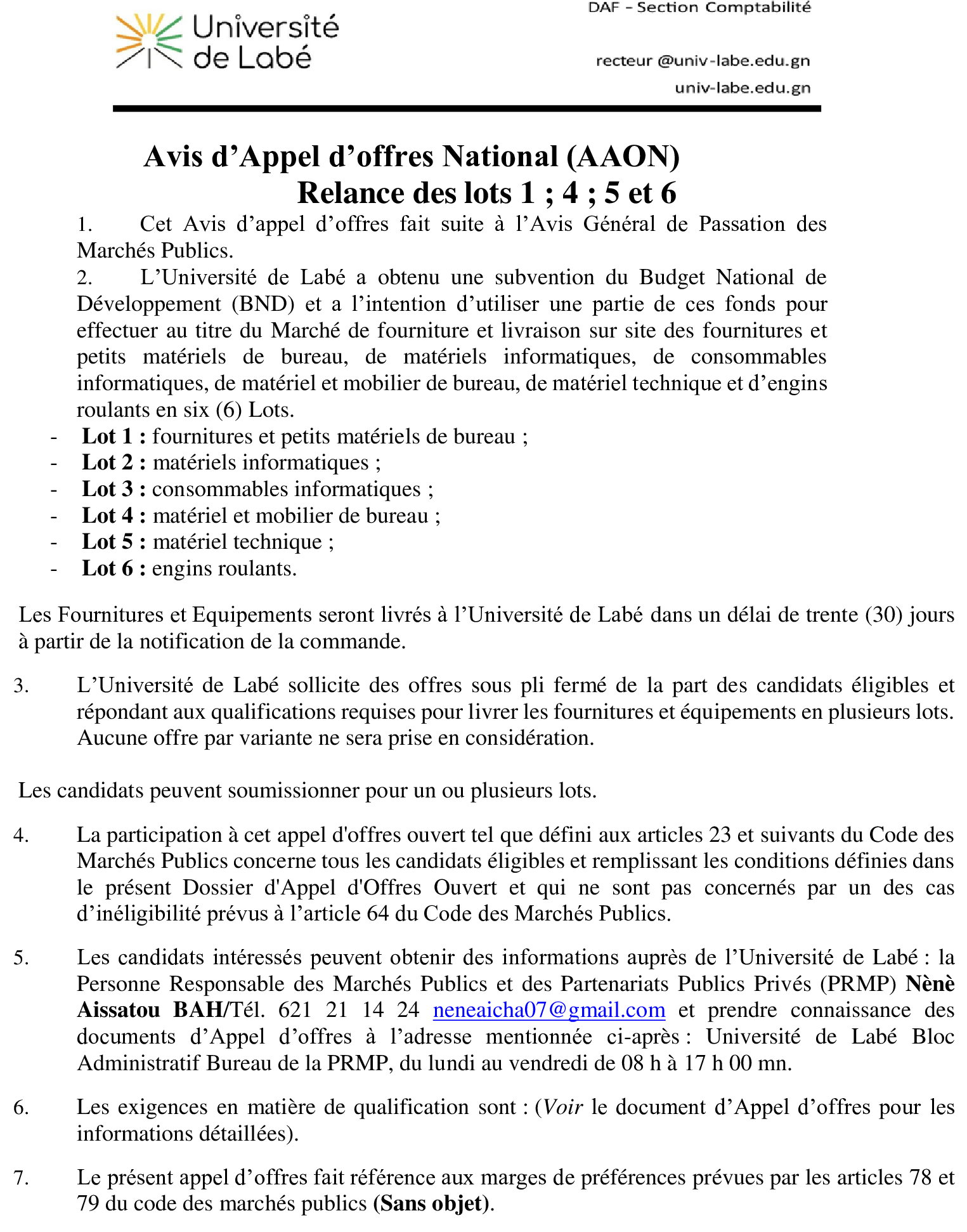 des fournitures et petits matériels de bureau, de matériels informatiques, de consommables informatiques, de matériel et mobilier de bureau, de matériel technique et d’engins roulants en six (6)  | page 1