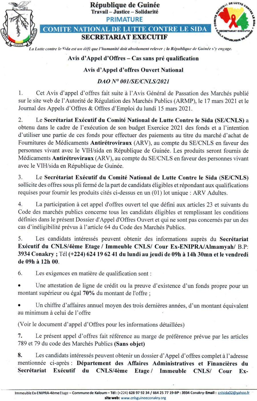 Fourniture de Médicaments Antirétroviraux (ARV) au Compte du SE/CNLS En Faveur des Personnes Vivant avec VIH/Sida p1