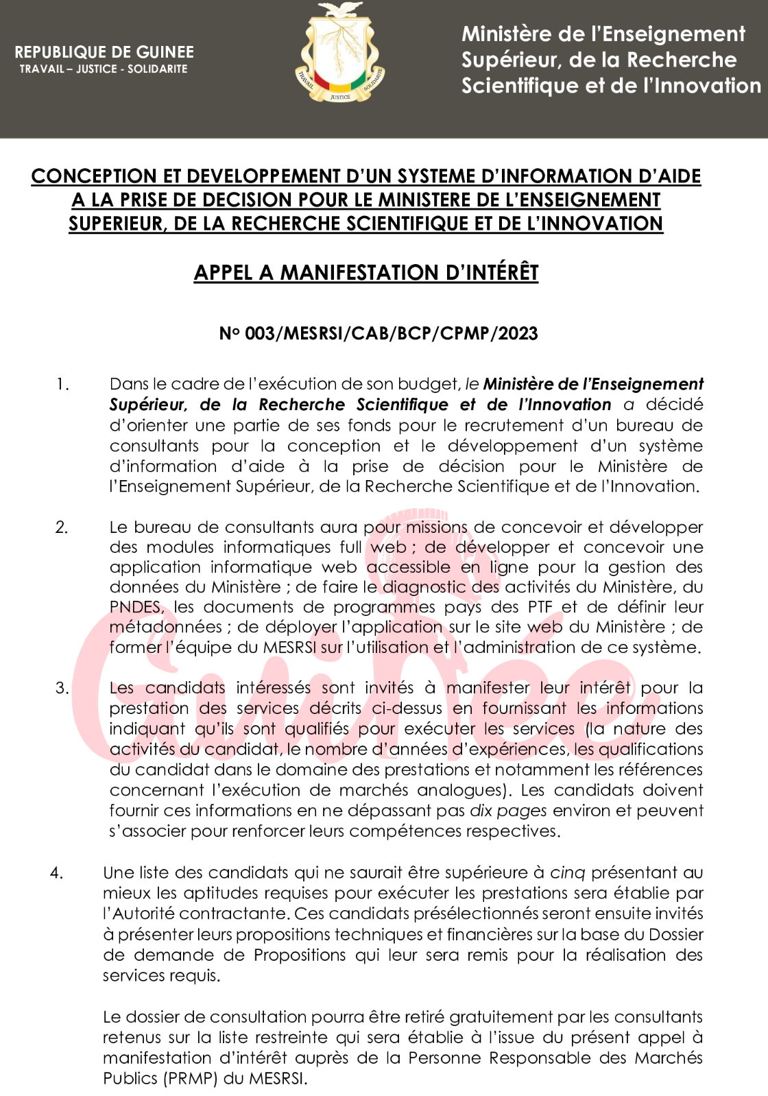 Appel a manifestation d’intérêt pour le recrutement d’un bureau de consultants pour la conception et le développement d’un système d’information d’aide à la prise de décision pour le MESRI | Page 1 