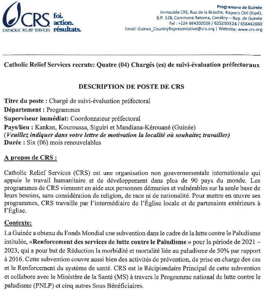 Offres d'emploi assistant chargé suivi et évaluation crs