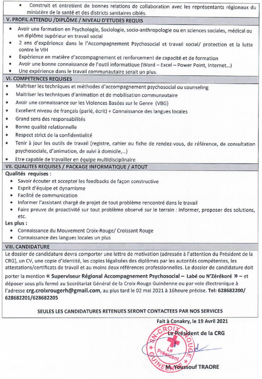 Recrutement d'Un Supérviseur Régional Accompagnement Psychosocial Croix Rouge guinéenne p3
