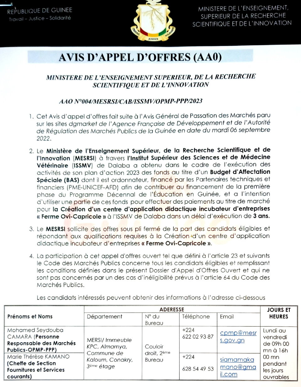 Avis d'appel d'offres pour le marché pour la Création d'un centre d'application didactique incubateur d'entreprises « Ferme Ovi-Capricole » à l'ISSMV de Dalaba | page 1