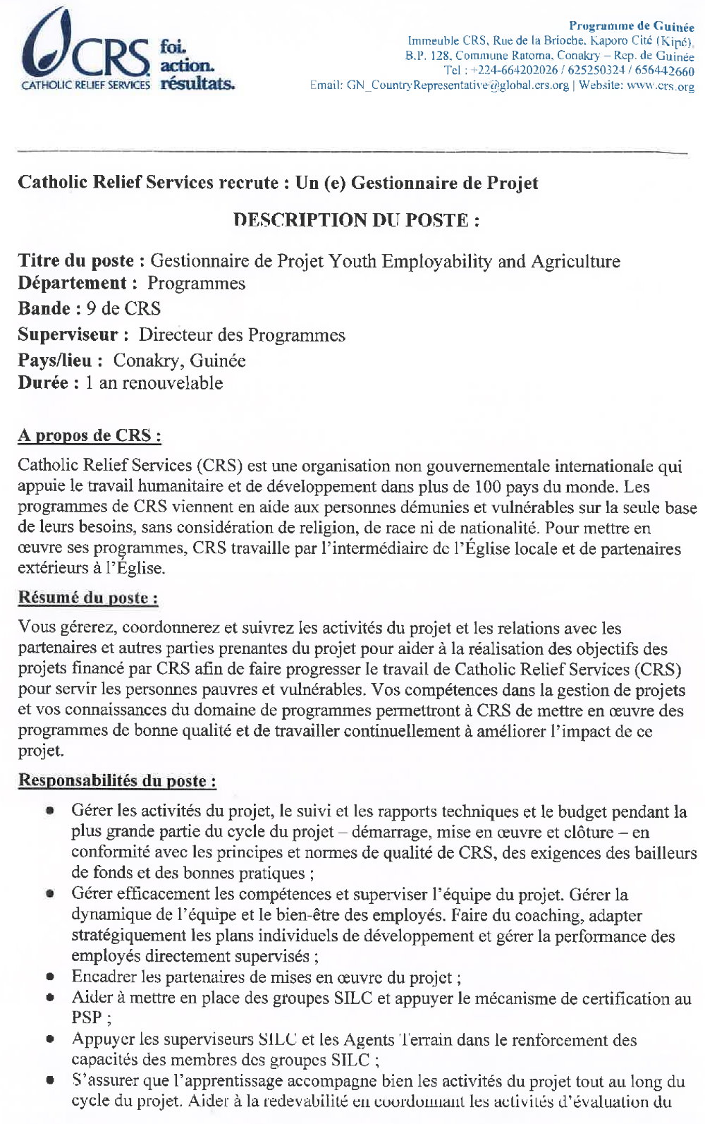 Publication d’un avis pour le recrutement d’un chef de Projet Youth Employability And Agriculture Page 1