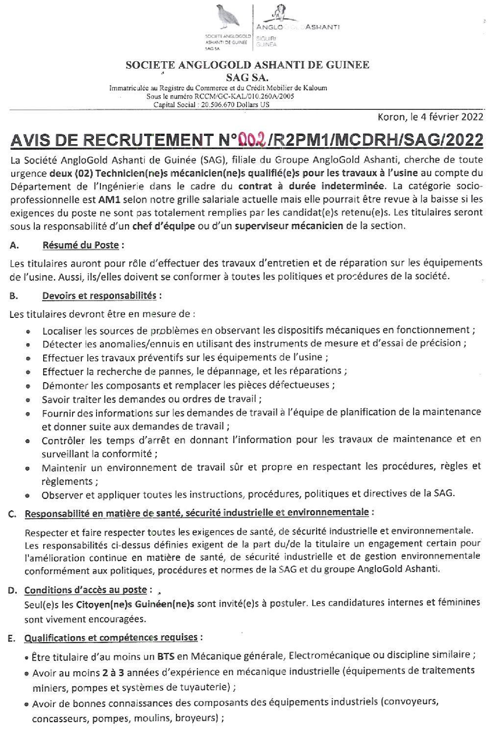  Avis de recrutement de deux (02) Technicien(ne)s mécanicien(ne)s qualifié(e)s  page 1