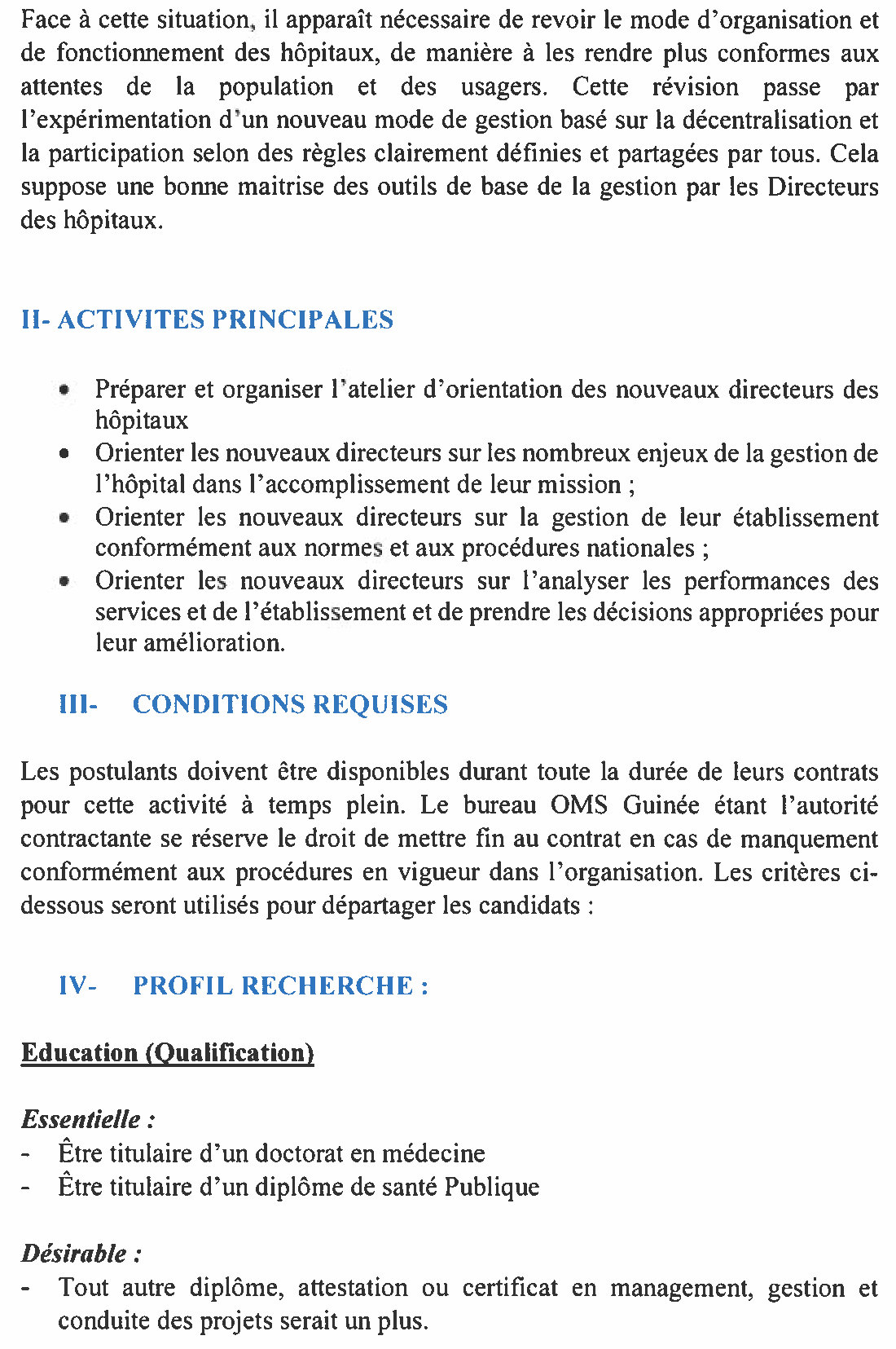 AVIS DE RECRUTEMENT DE QUATRE (4) CONSULTANTS FACILITATEURS POUR L'ORGANISATION D'ATELIER DE FORMATION DE BASE DES DIRECTEURS D'ETABLISSEMENTS A LA GESTION HOSPITALIERE Page 2