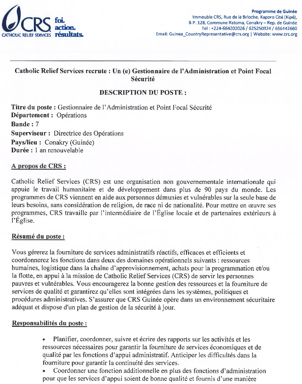 Publication d’un avis pour le recrutement d’un(e) gestionnaire de l’administration et Point Focal Sécurité  page1