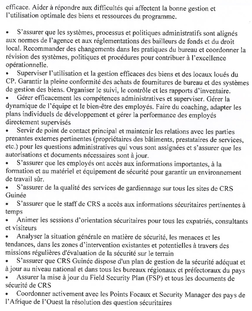 Publication d’un avis pour le recrutement d’un(e) gestionnaire de l’administration et Point Focal Sécurité  page1