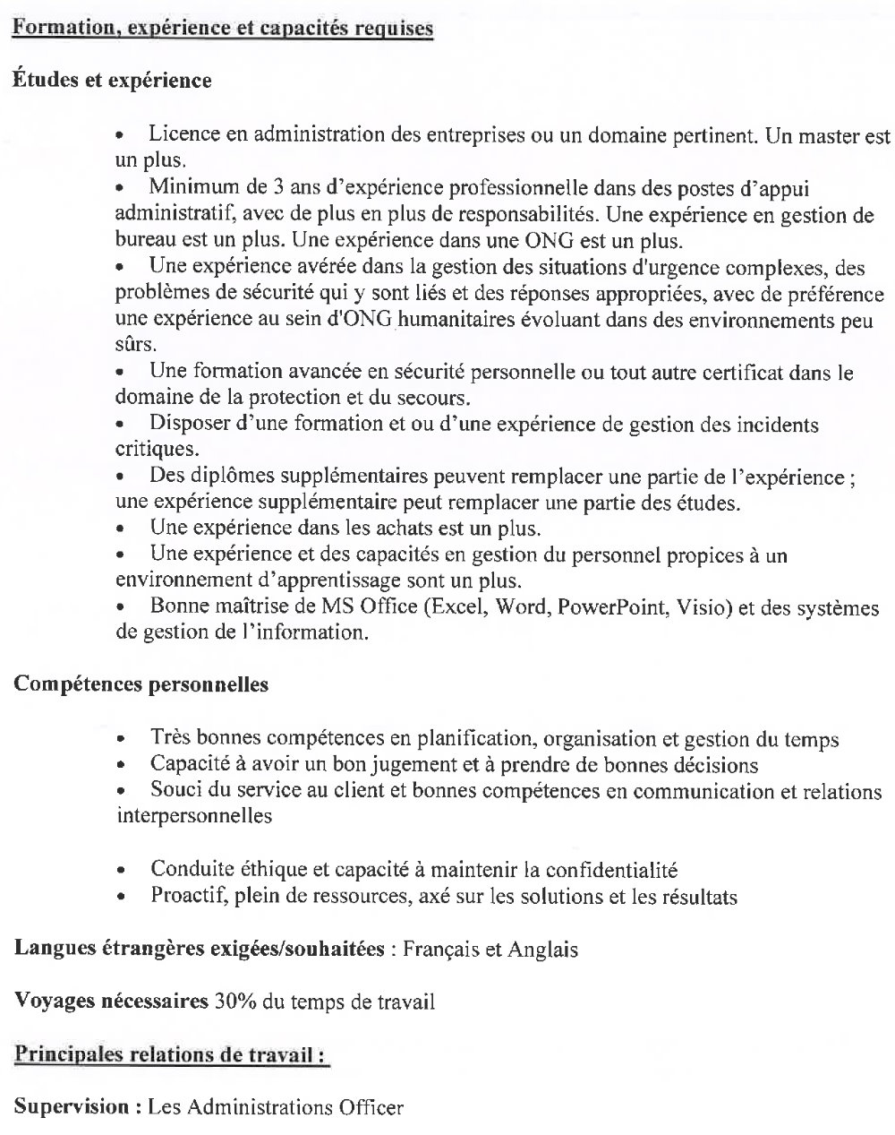 Publication d’un avis pour le recrutement d’un(e) gestionnaire de l’administration et Point Focal Sécurité  page1