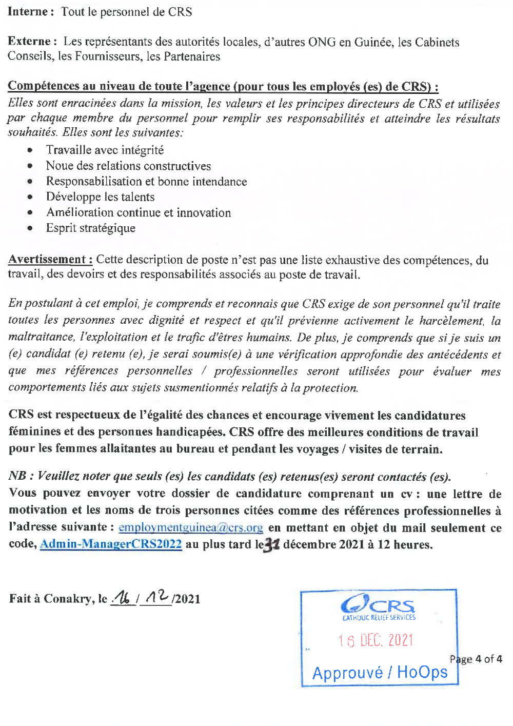 Publication d’un avis pour le recrutement d’un(e) gestionnaire de l’administration et Point Focal Sécurité  page1