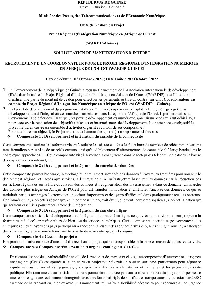Sollicitation De Manifestations D’intérêt Recrutement D’un Coordonnateur Pour Le Projet Régional D’intégration Numérique En Afrique De L’ouest (WARDIP-GUINEE) | page 1
