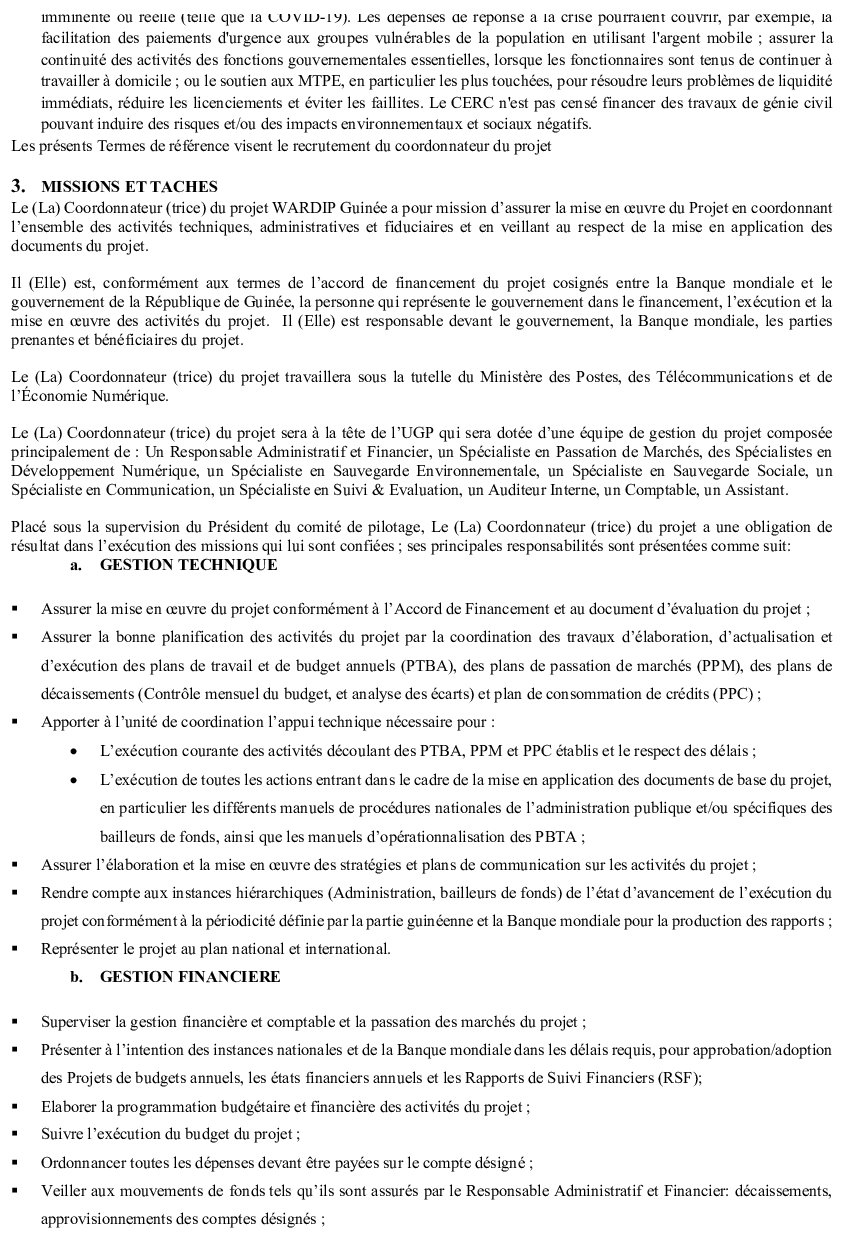 Sollicitation De Manifestations D’intérêt Recrutement D’un Coordonnateur Pour Le Projet Régional D’intégration Numérique En Afrique De L’ouest (WARDIP-GUINEE) | page 2