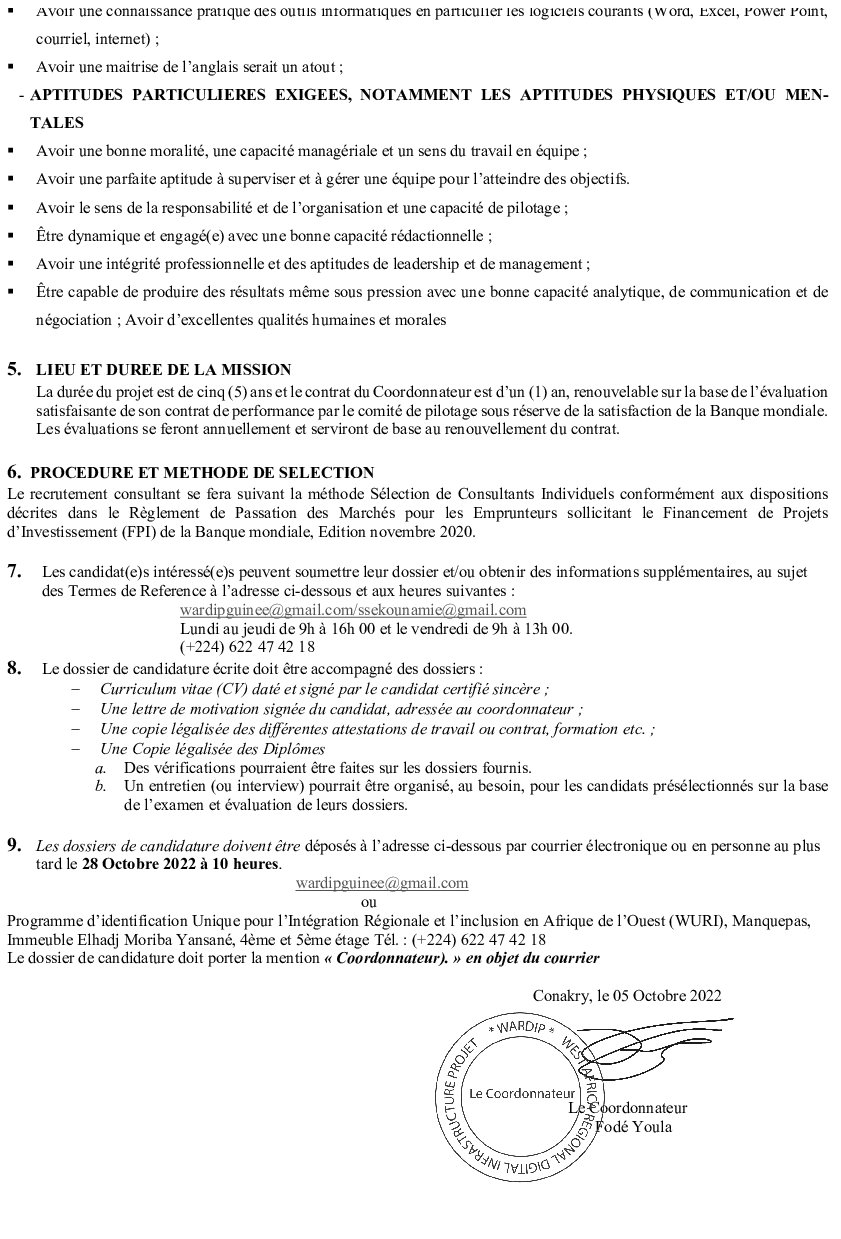 Sollicitation De Manifestations D’intérêt Recrutement D’un Coordonnateur Pour Le Projet Régional D’intégration Numérique En Afrique De L’ouest (WARDIP-GUINEE) | page 5